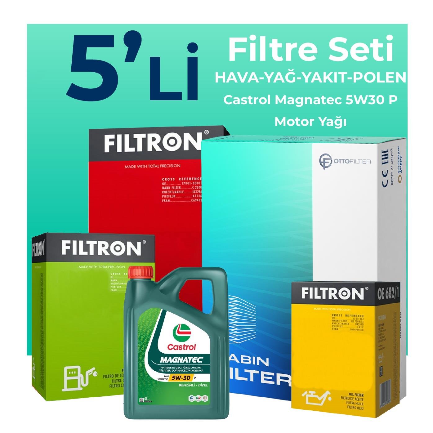Filtron Peugeot Rifter 1.5 Dizel Filtre Bakım Seti Castrol Magnatec P 5W-30 4 Litre Motor Yağlı (2019-2024) 5 Li