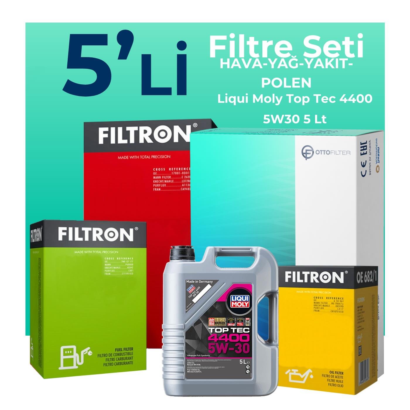 Filtron Renault Grand Scenic 1.5 Dizel Filtre Bakım Seti Liqui Moly Top Tec 4400 5W-30 5 Litre Motor Yağlı (2009-2016) 5 Li