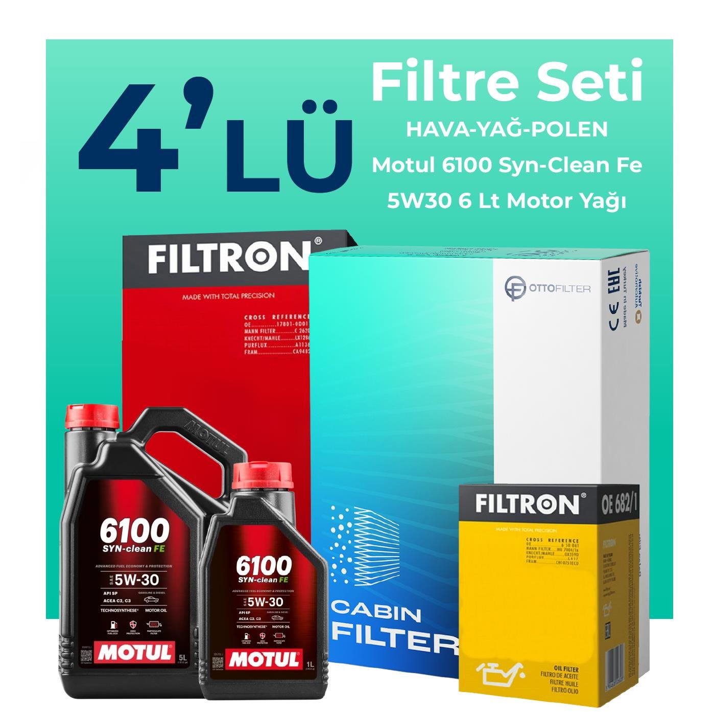 Filtron Renault Kadjar 1.6 Dizel Filtre Bakım Seti Motul 6100 Syn-Clean FE 5W-30 6 Litre Motor Yağlı (2015-2018) 4 Lü