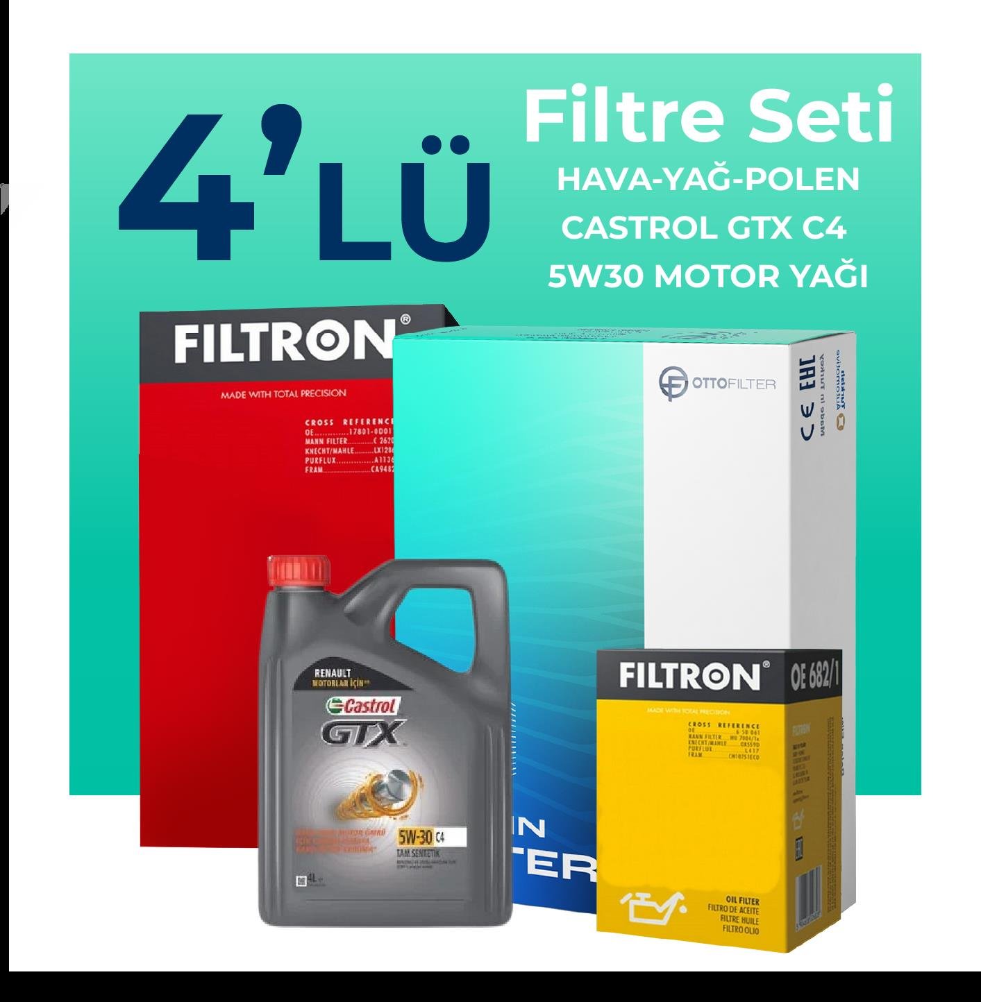 Filtron Renault Kangoo 1.5 Dizel Filtre Bakım Seti Castrol GTX C4 5W-30 5 Litre Motor Yağlı (2010-2020) 4 Lü