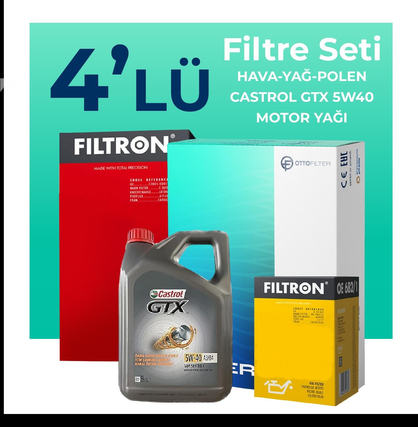 Filtron Renault Symbol 1.2 Benzin Filtre Bakım Seti Castrol GTX 5W-40 4 Litre Motor Yağlı (2009-2013) 4 Lü