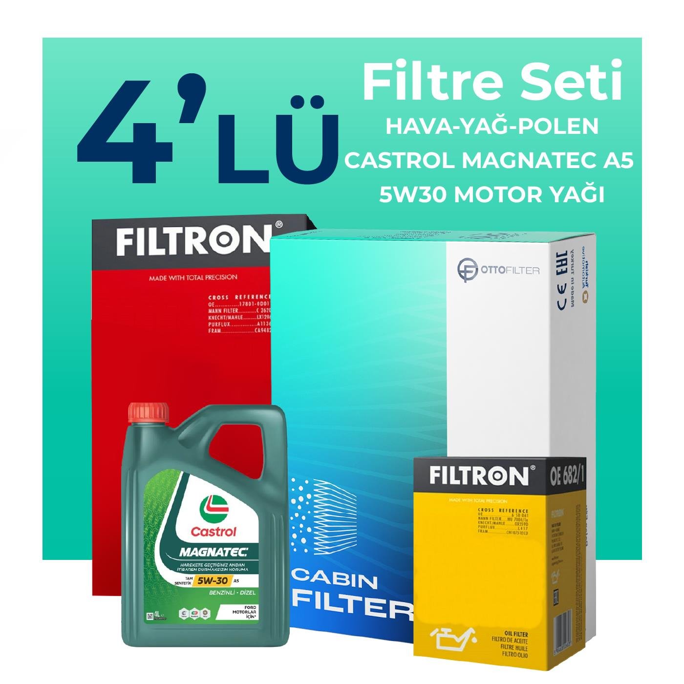 Filtron Seat İbiza 1.2 TSi Filtre Bakım Seti Castrol Magnatec A5 5W-30 4 Litre Motor Yağlı (2015-2017) 4 Lü