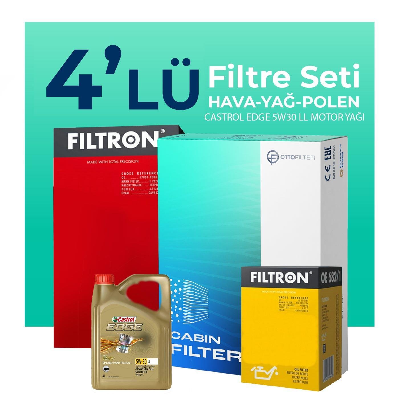 Filtron Seat İbiza 1.6 Dizel Filtre Bakım Seti Castrol Edge 5W-30 5 Litre Motor Yağlı (2010-2015) 4 Lü