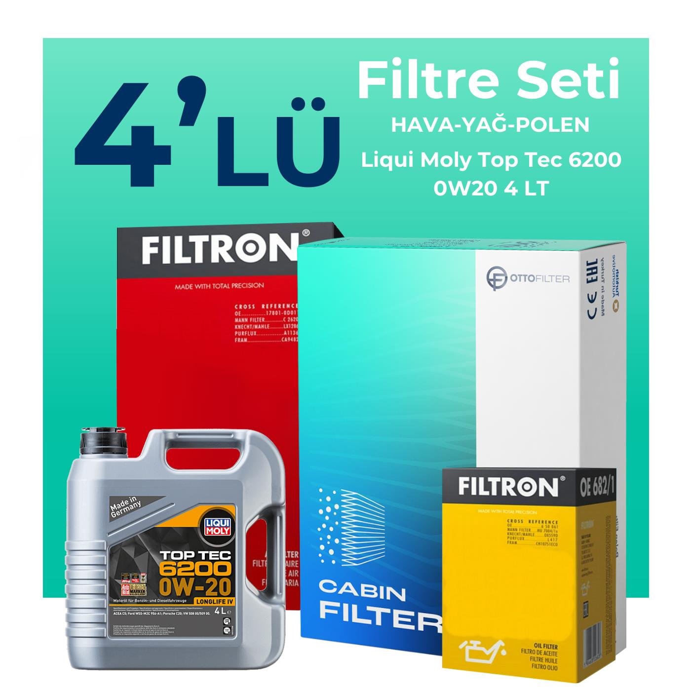 Filtron Skoda Kamiq 1.0 TSi 115 HP Filtre Bakım Seti Liqui Moly Top Tec 6200 0W-20 4 Litre Motor Yağlı (2020-2024) 4 Lü