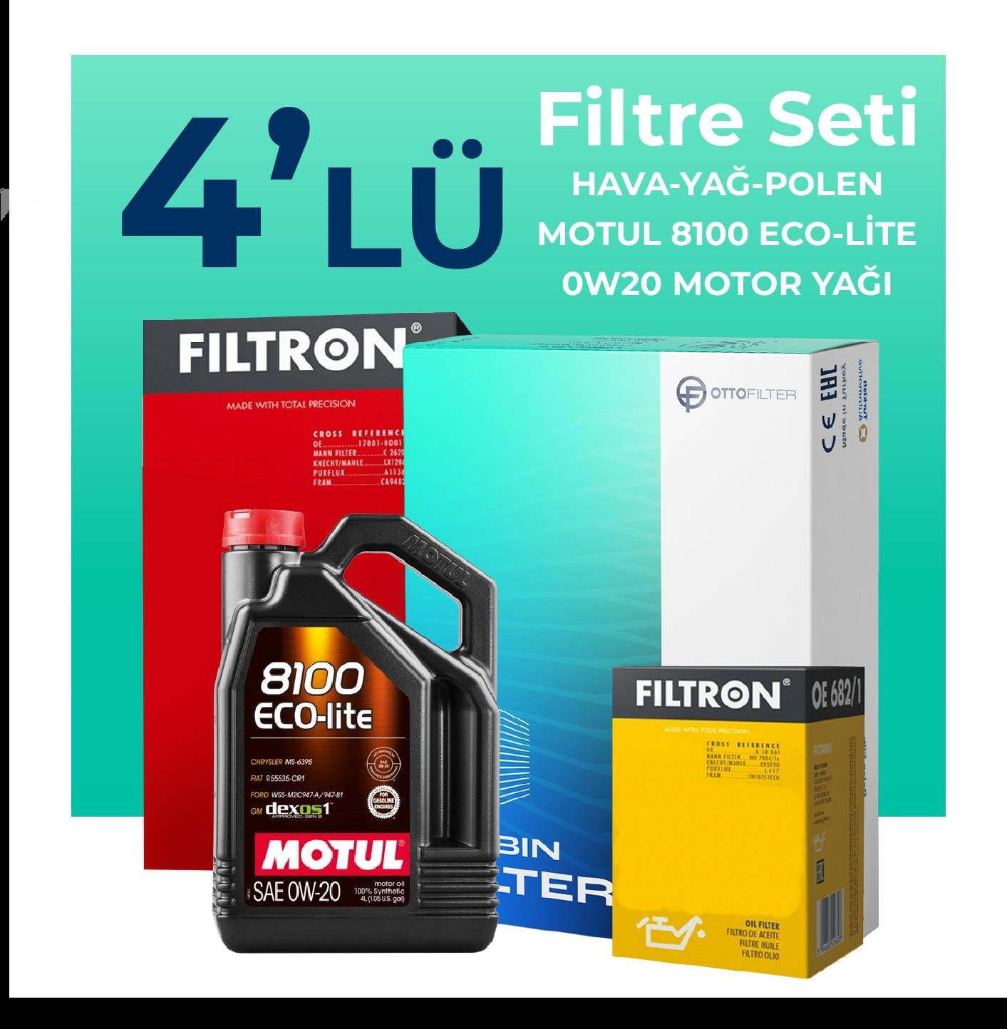 Filtron Skoda Kamiq 1.0 TSi 115 HP Filtre Bakım Seti Motul 8100 Eco-Lite 0W-20 4 Litre Motor Yağlı (2020-2024) 4 Lü