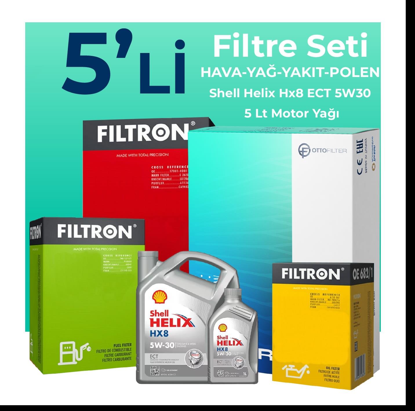Filtron Volkswagen Beetle 1.6 Dizel Filtre Bakım Seti Shell Helix Hx8 ECT 5W-30 5 Litre Motor Yağlı (2011-2016) 5 Li