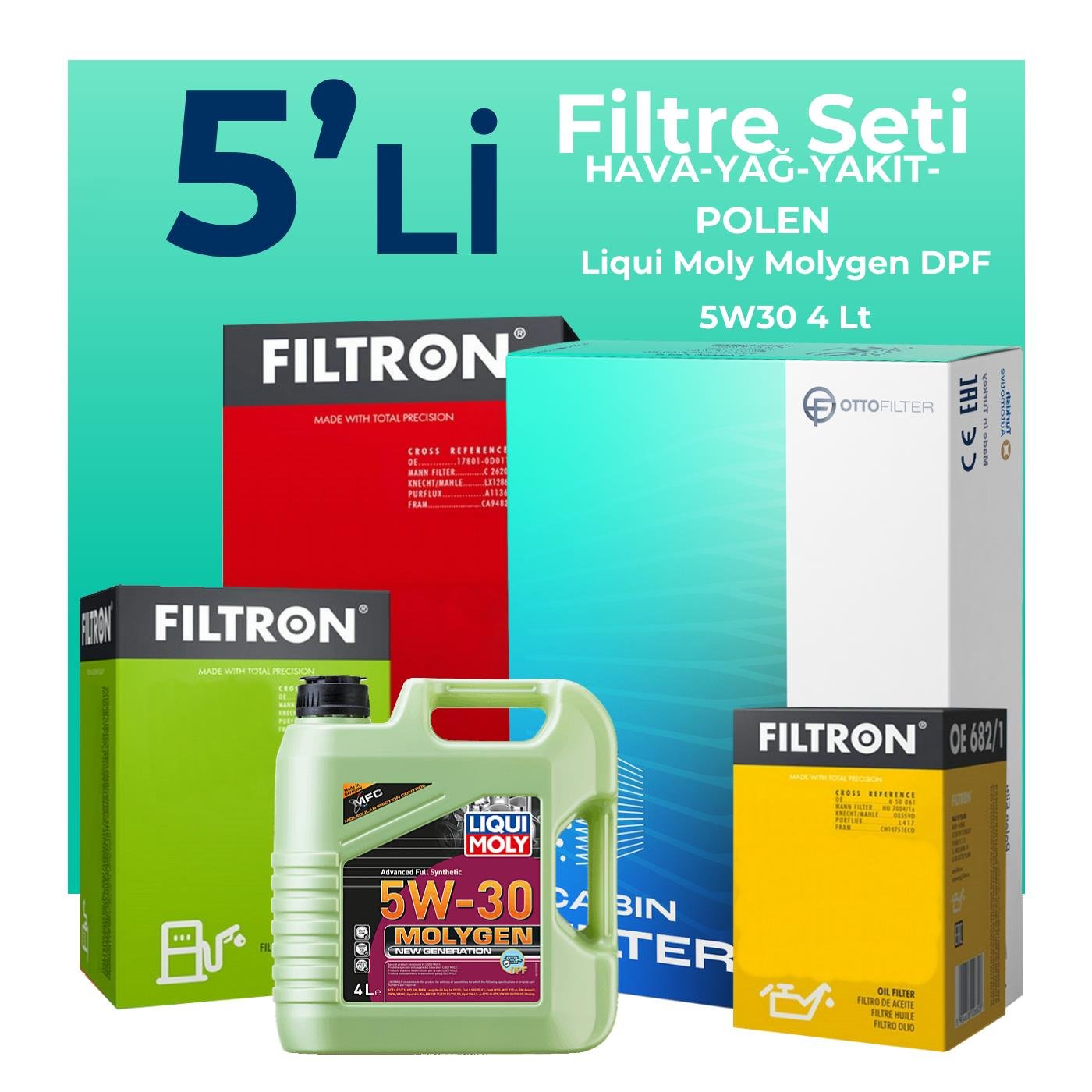 Filtron Volkswagen Polo 1.4 Dizel Filtre Bakım Seti Liqui Moly Molygen New Generation DPF 5W-30 4 Litre Motor Yağlı (2001-2009) 5 Li