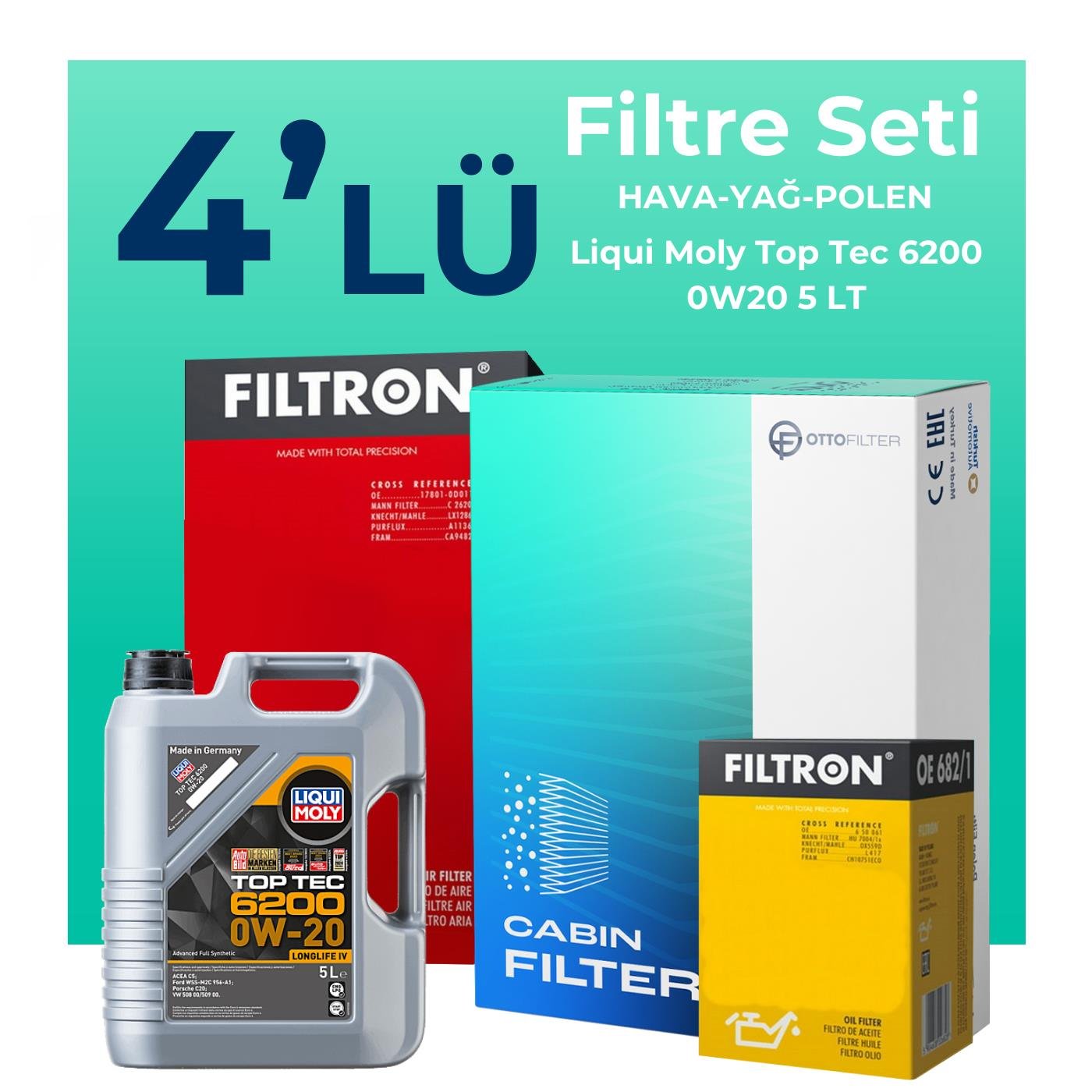 Filtron Volkswagen T-Roc 1.5 TSi Filtre Bakım Seti Liqui Moly Top Tec 6200 0W-20 5 Litre Motor Yağlı (2019-2024) 4 Lü