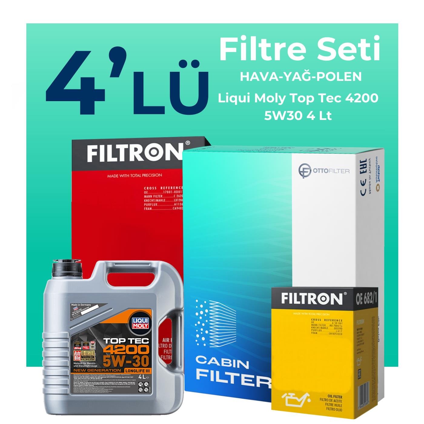 Filtron Volkswagen Tiguan 1.4 TSi Filtre Bakım Seti Liqui Moly Top Tec 4200 5W-30 4 Litre Motor Yağlı (2008-2016) 4 Lü