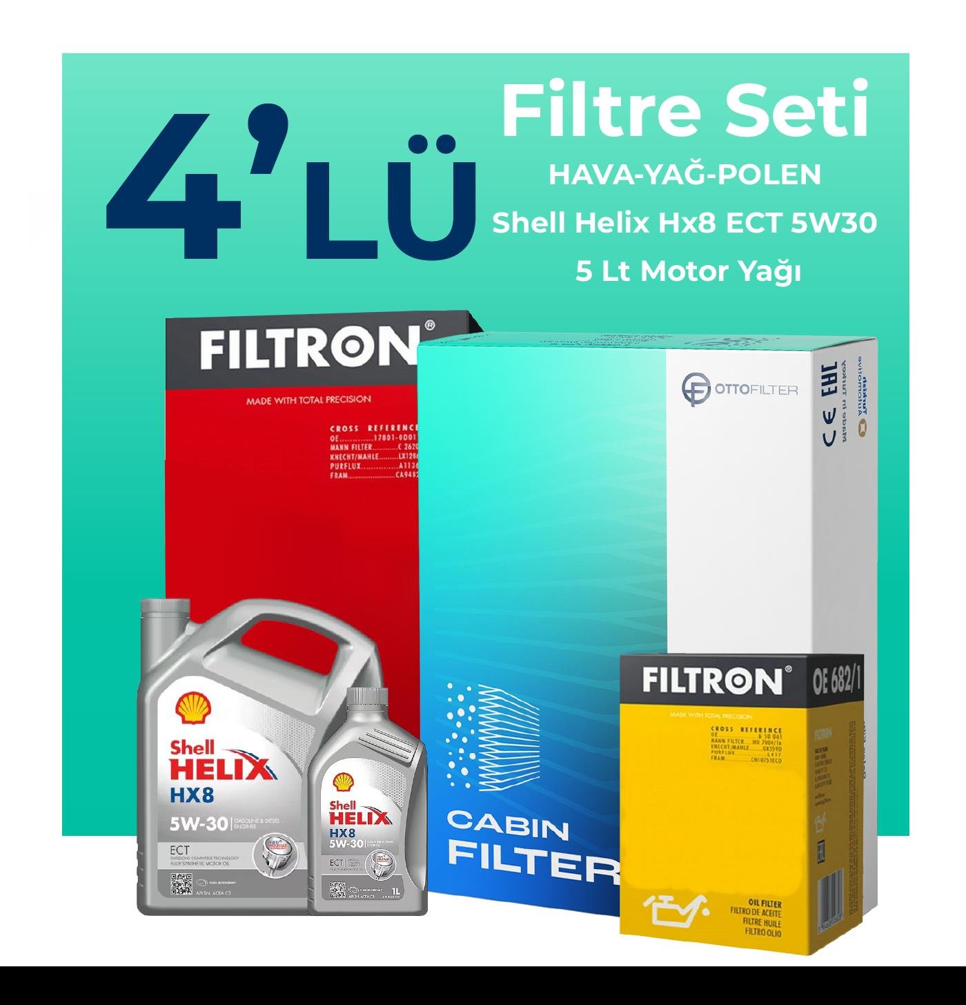 Filtron Volkswagen Tiguan 1.6 Dizel Filtre Bakım Seti Shell Helix Hx8 ECT 5W-30 5 Litre Motor Yağlı (2016-2019) 4 Lü