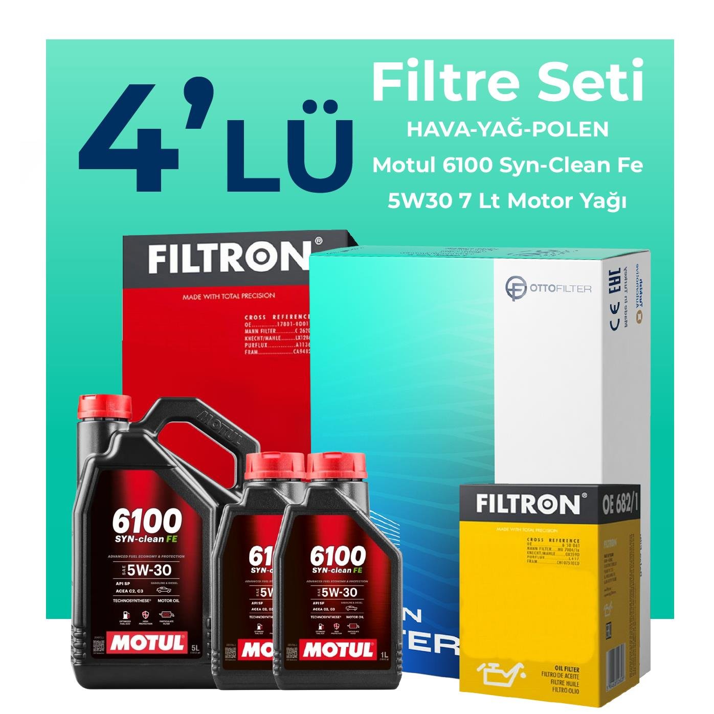 Filtron Volkswagen Touareg 3.2 Benzin Filtre Bakım Seti Motul 6100 Syn-Clean FE 5W-30 7 Litre Motor Yağlı (2003-2006) 4 Lü