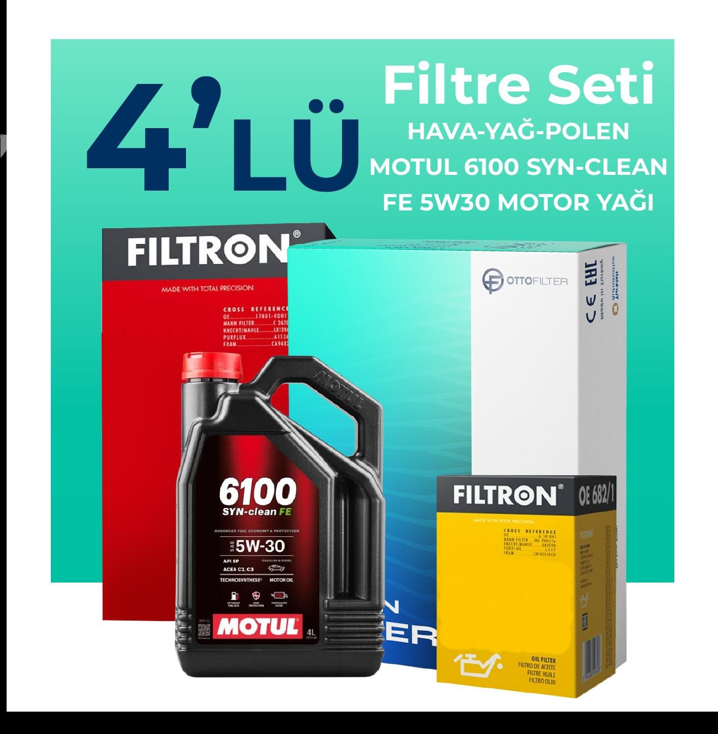 Filtron Volvo S80 1.6 Dizel Filtre Bakım Seti Motul 6100 Syn-Clean FE 5W-30 4 Litre Motor Yağlı (2010-2012) 4 Lü
