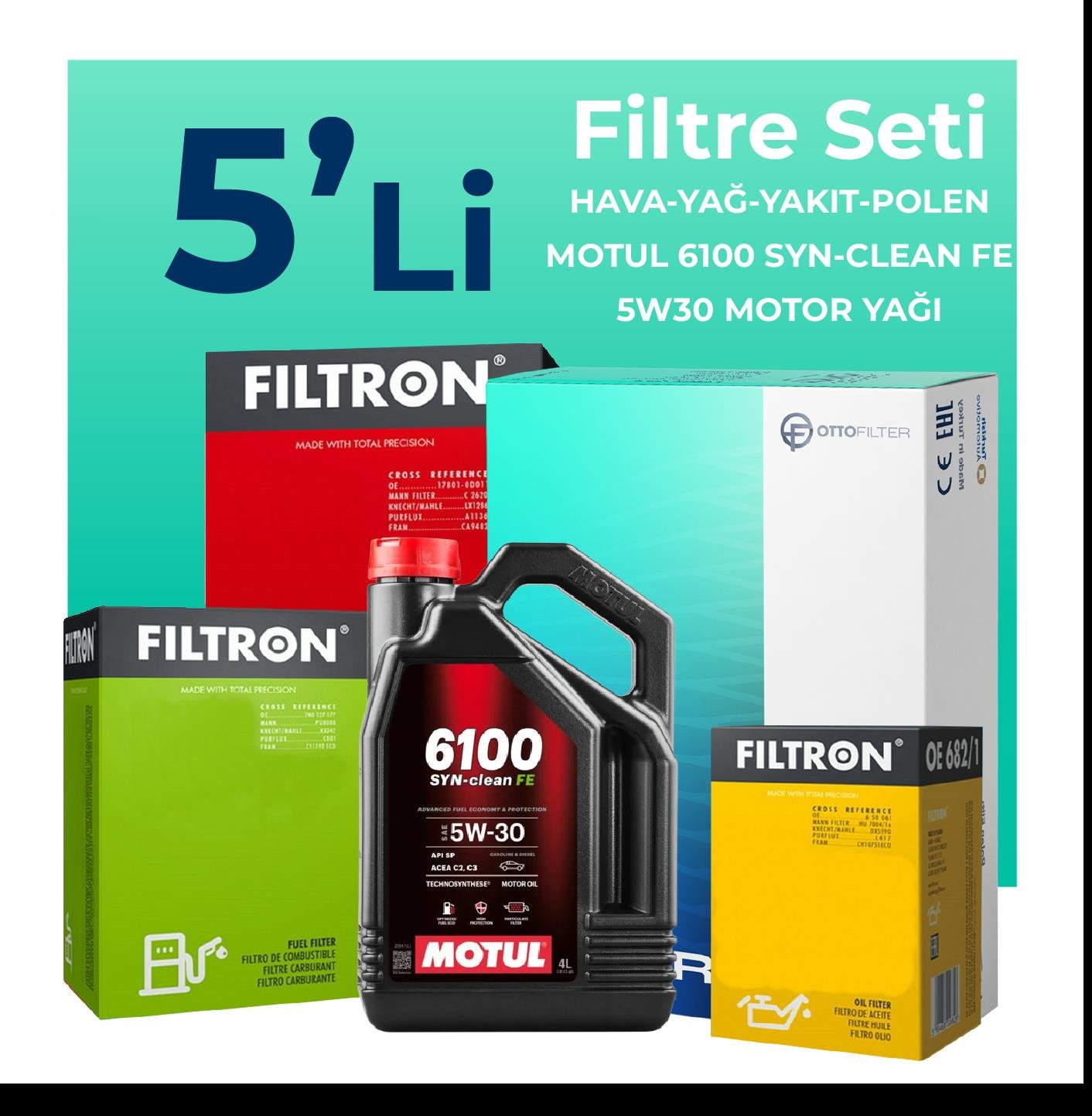 Filtron Volvo V40 1.6 Dizel Filtre Bakım Seti Motul 6100 Syn-Clean FE 5W-30 4 Litre Motor Yağlı (2013-2015) 5 Li