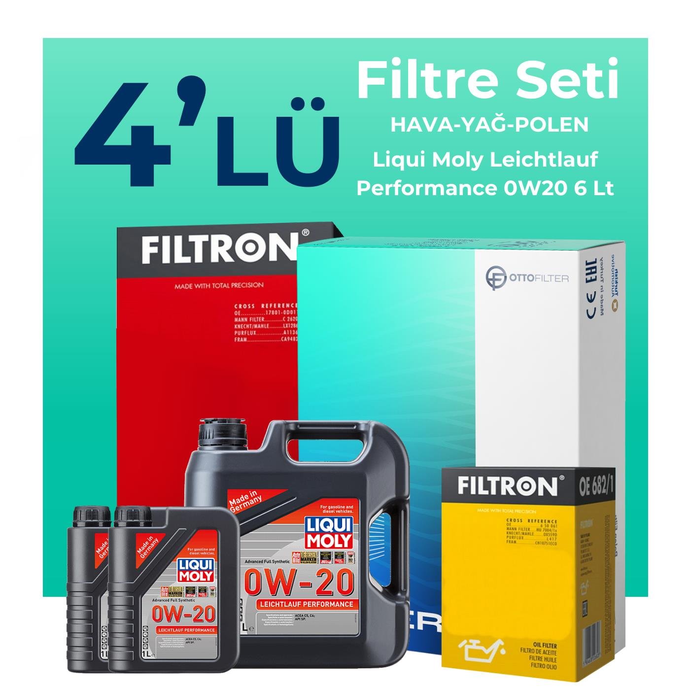 Filtron Volvo V90 Cross Country 2.0 Dizel D5 Filtre Bakım Seti Liqui Moly Leichtlauf Performance 0W-20 6 Litre Motor Yağlı (2018-2020) 4 Lü