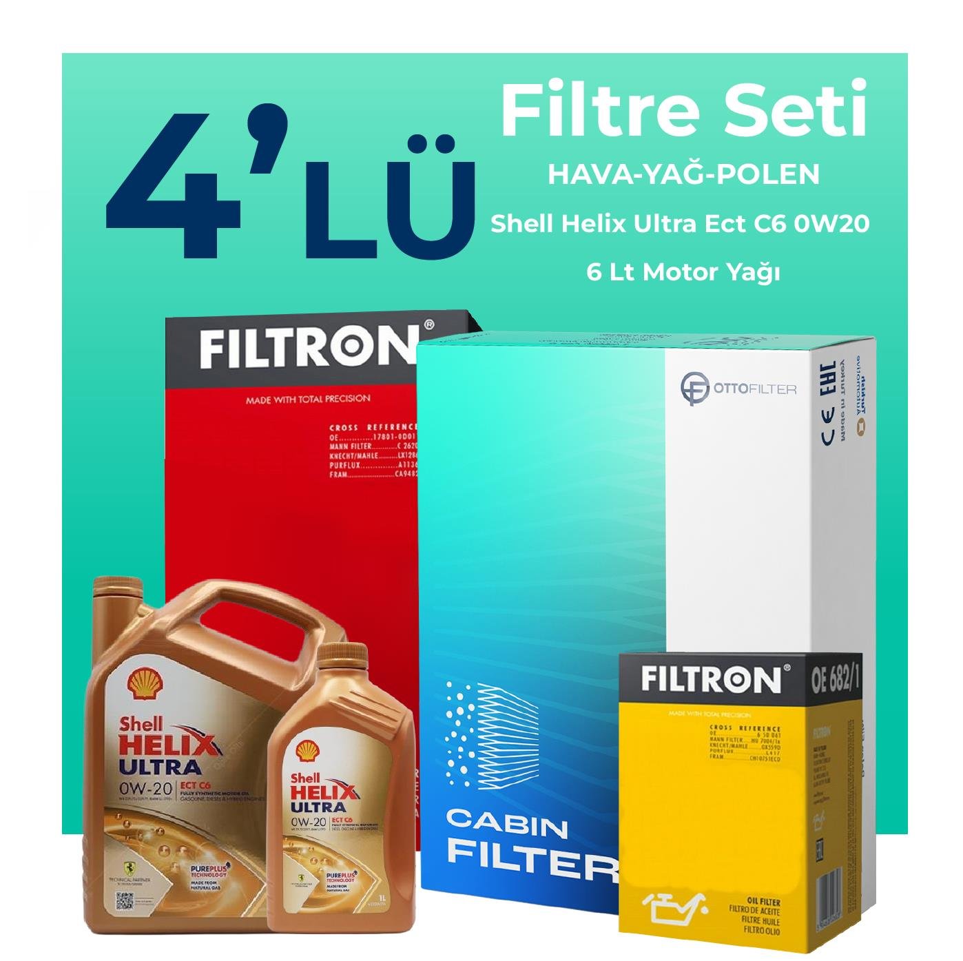 Filtron Volvo XC40 1.5 Benzin Filtre Bakım Seti Shell Helix Ultra ECT C5 C6 0W-20 6 Litre Motor Yağlı (2018-2023) 4 Lü