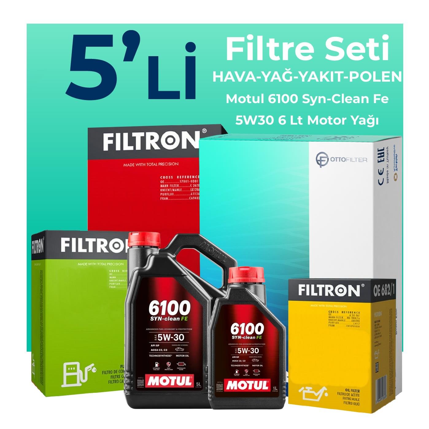 Filtron Volvo XC60 2.0 Dizel Filtre Bakım Seti Motul 6100 Syn-Clean FE 5W-30 6 Litre Motor Yağlı (2011-2014) 5 Li