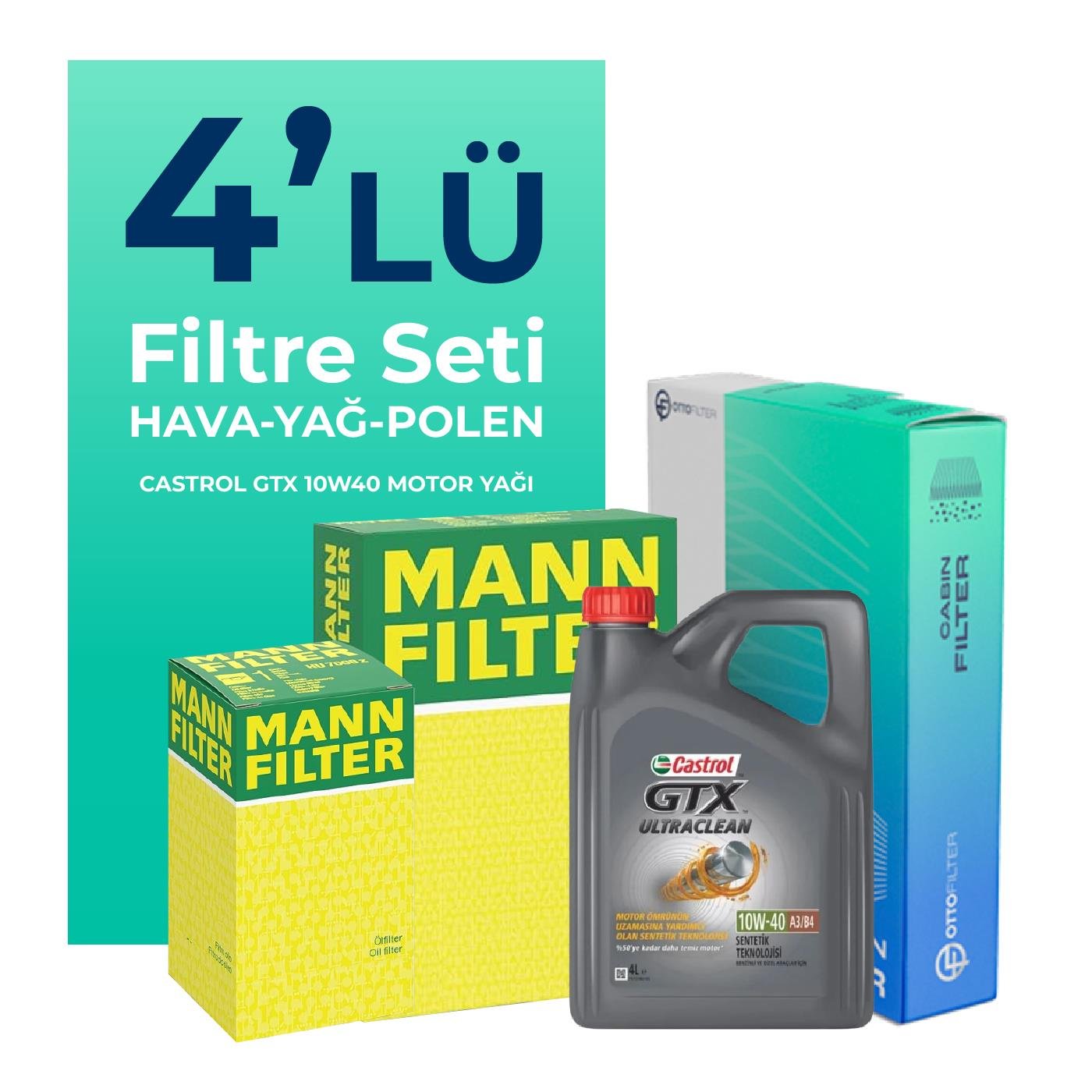 MANN Alfa Romeo 147 1.6 TS Filtre Bakım Seti Castrol GTX 10W-40 4 Litre Motor Yağlı (2001-2010) 4 Lü