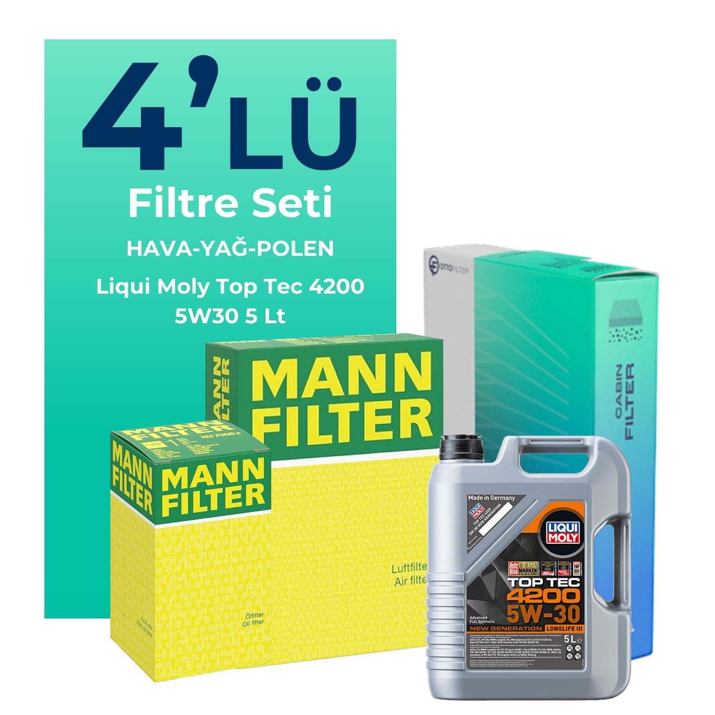 MANN Audi Q5 2.0 Tfsi 211 HP Filtre Bakım Seti Liqui Moly Motor Yağlı (2008-2013) 4 Lü