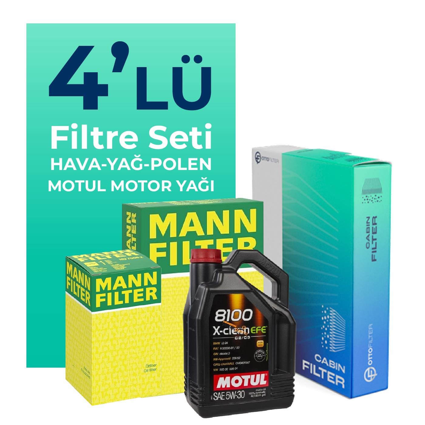 MANN Audi TT 2.0 Tfsi 211 HP Filtre Bakım Seti Motul 8100 X-Clean Efe 5W-30 6 Litre Motor Yağlı (2008-2015) 4 Lü