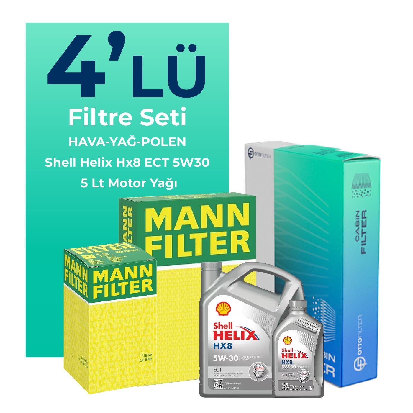 MANN BMW 1.18i Filtre Bakım Seti Shell Helix Hx8 ECT 5W-30 5 Litre Motor Yağlı (2019-2023) 4 Lü