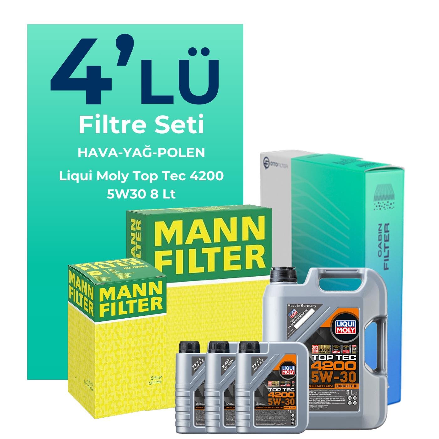 MANN BMW 5.30 Dizel Filtre Bakım Seti Liqui Moly Top Tec 4200 5W-30 8 Litre Motor Yağlı (2002-2008) 4 Lü