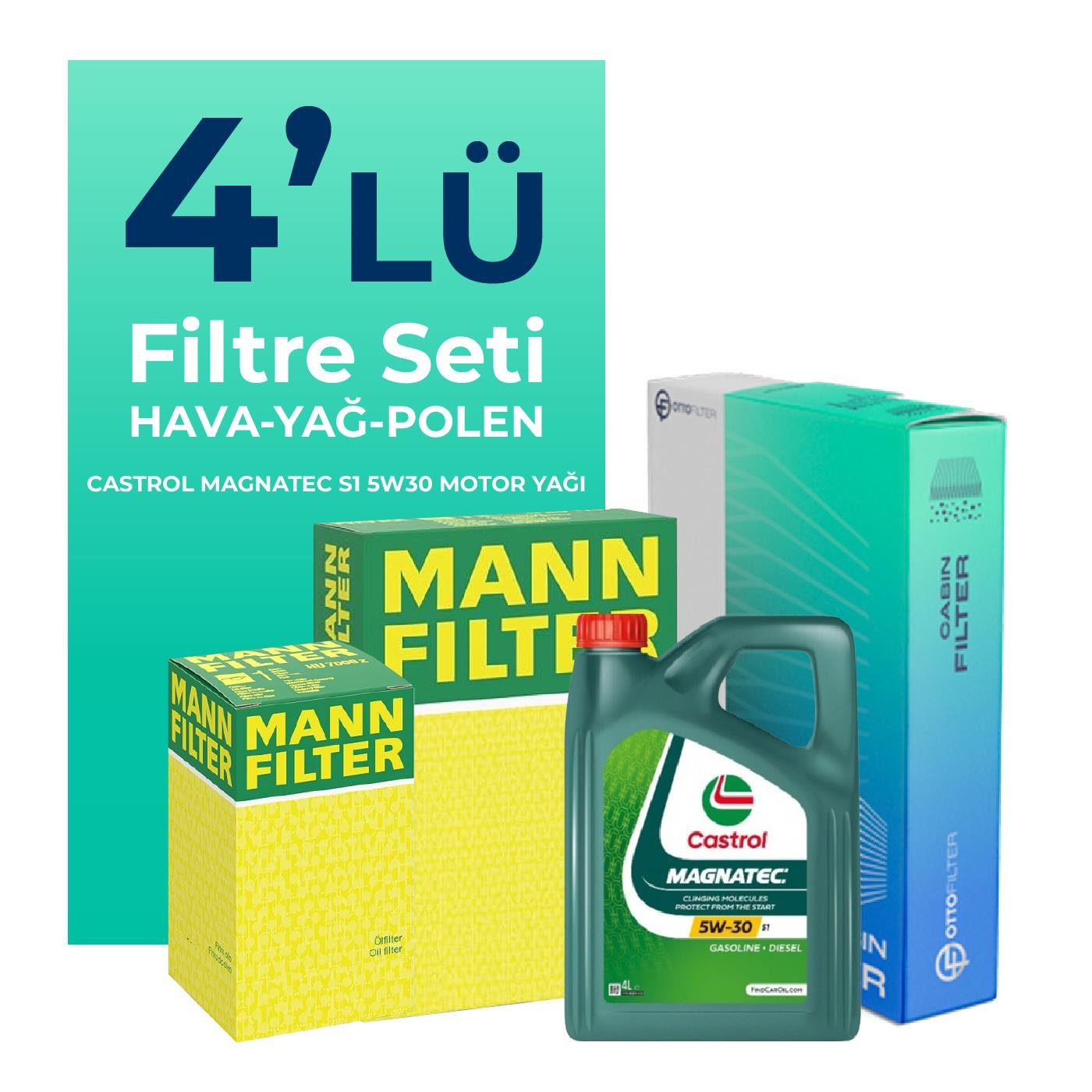 MANN Chevrolet Aveo / Kalos 1.3 Dizel Filtre Bakım Seti Castrol Magnatec S1 5W-30 4 Litre Motor Yağlı (2011-2015) 4 Lü