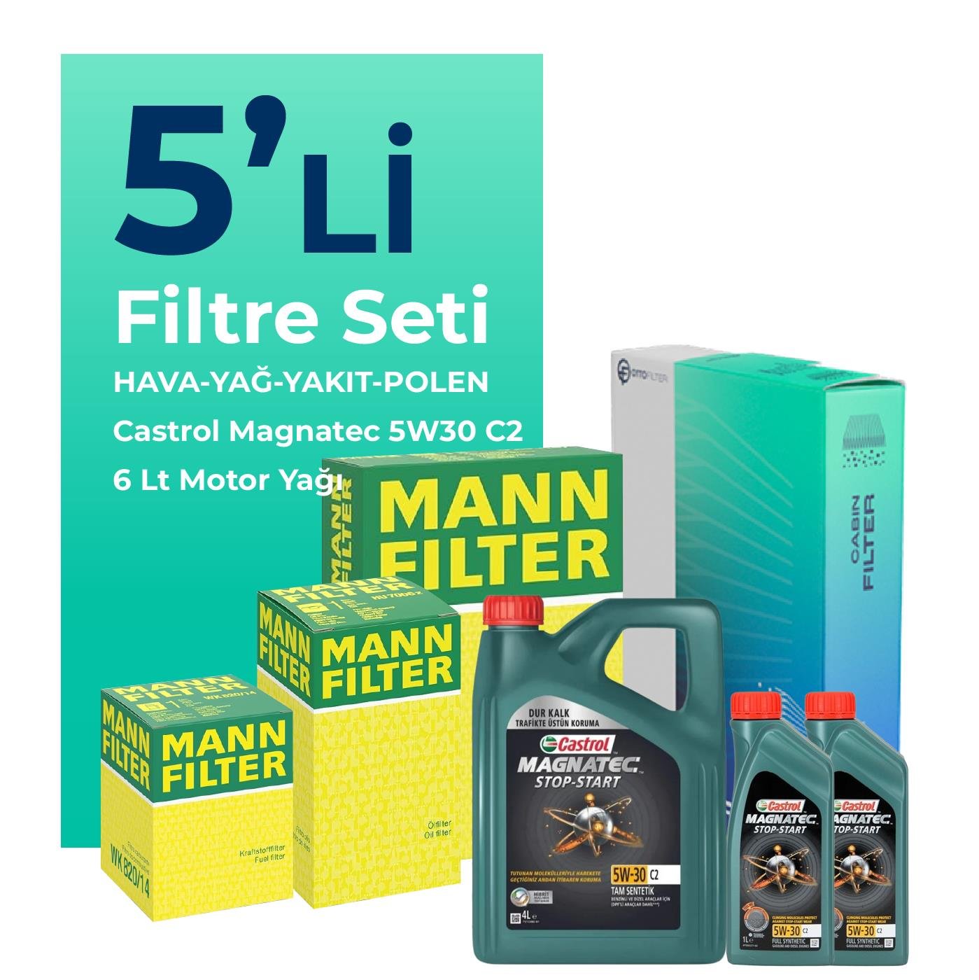 MANN Citroen Jumper 2.2 Dizel Filtre Bakım Seti Castrol Magnatec C2 5W-30 6 Litre Motor Yağlı (2006-2013) 5 Li