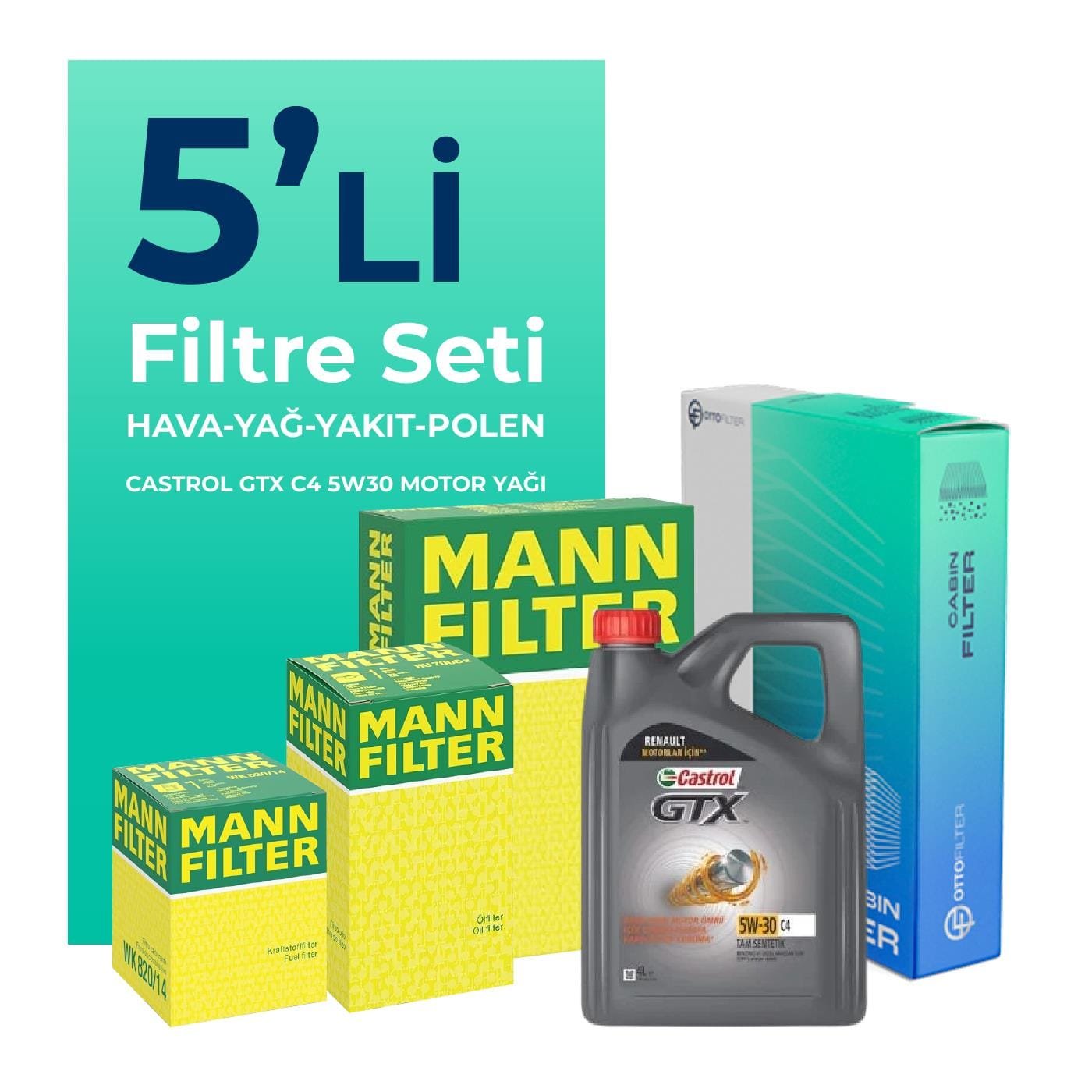 MANN Dacia Lodgy 1.5 Dizel Filtre Bakım Seti Castrol GTX C4 5W-30 5 Litre Motor Yağlı (2012-2020) 5 Li