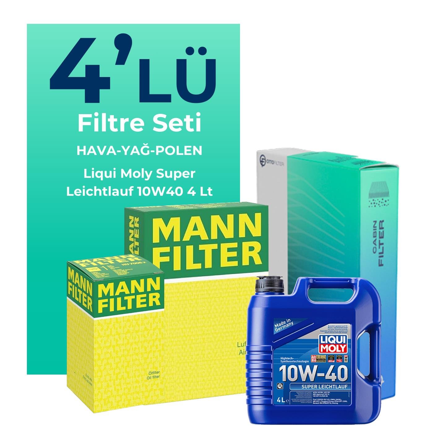 MANN Fiat Doblo 1.4 Benzinli Filtre Bakım Seti Liqui Moly Super Leichtlauf 10W-40 4 Litre Motor Yağlı (2001-2010) 4 Lü