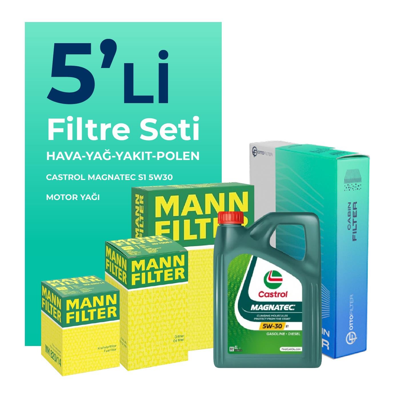 MANN Fiat Egea 1.3 Dizel Filtre Bakım Seti Castrol Magnatec S1 5W-30 4 Litre Motor Yağlı (2015-2018) 5 Li