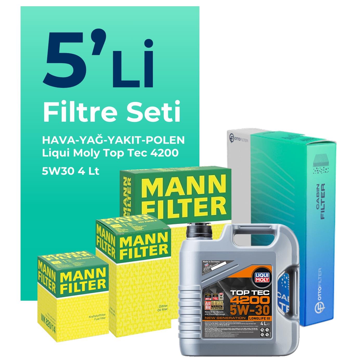 MANN Fiat Punto 1.3 Dizel Filtre Bakım Seti Liqui Moly Top Tec 4200 5W-30 4 Litre Motor Yağlı (2005-2011) 5 Li