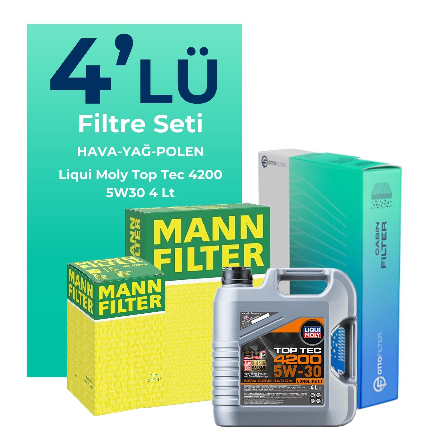 MANN Fiat Punto Evo 1.3 Dizel Filtre Bakım Seti Liqui Moly Top Tec 4200 5W-30 4 Litre Motor Yağlı EURO 5 (2008-2015) 4 Lü