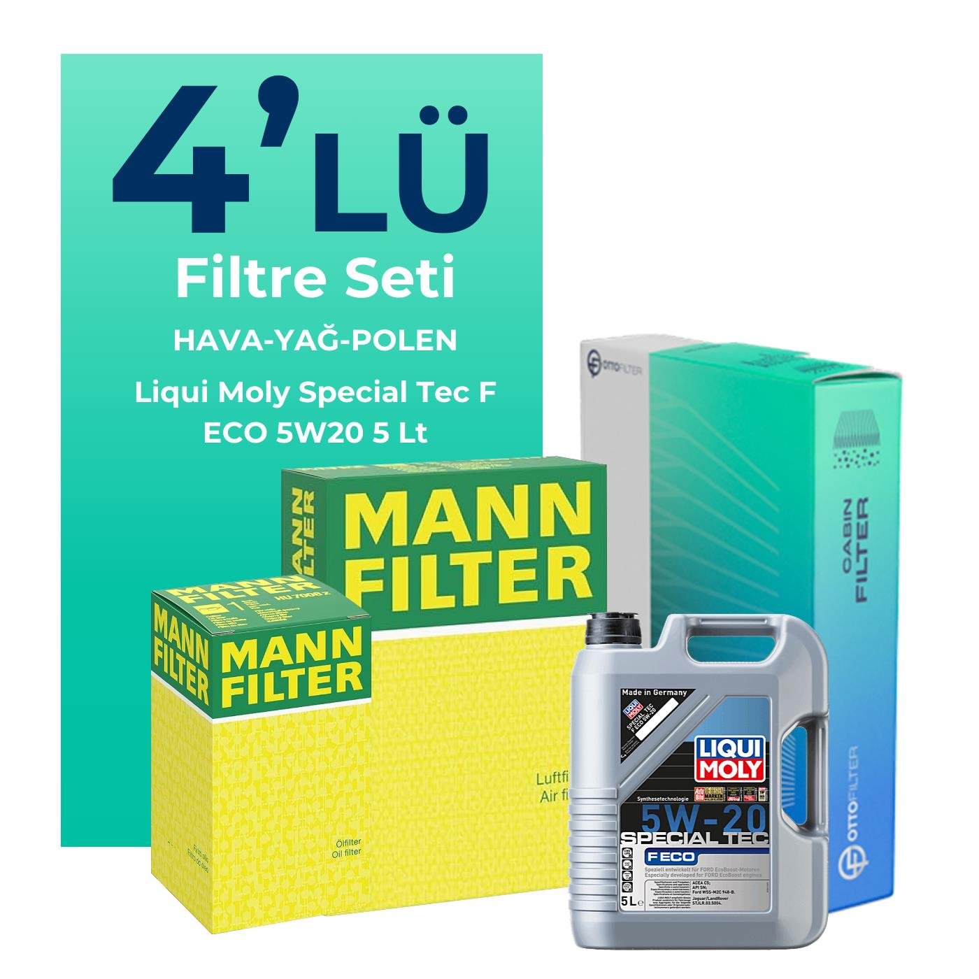 MANN Ford Fiesta 1.0 Benzin Filtre Bakım Seti Liqui Moly Special Tec F ECO 5W-20 5 Litre Motor Yağlı (2017-2020) 4 Lü