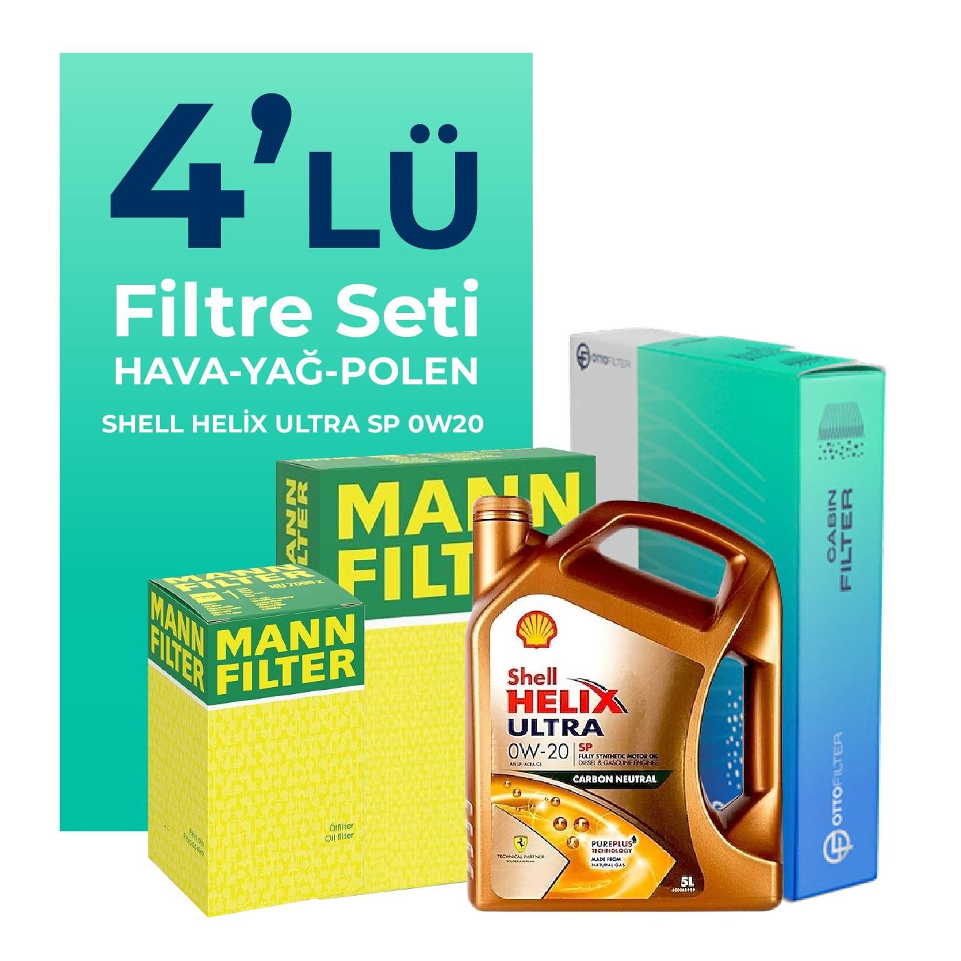 MANN Ford Fiesta 1.0 Benzin Filtre Bakım Seti Shell Helix Ultra SP 0W-20 5 Litre Motor Yağlı (2017-2020) 4 Lü