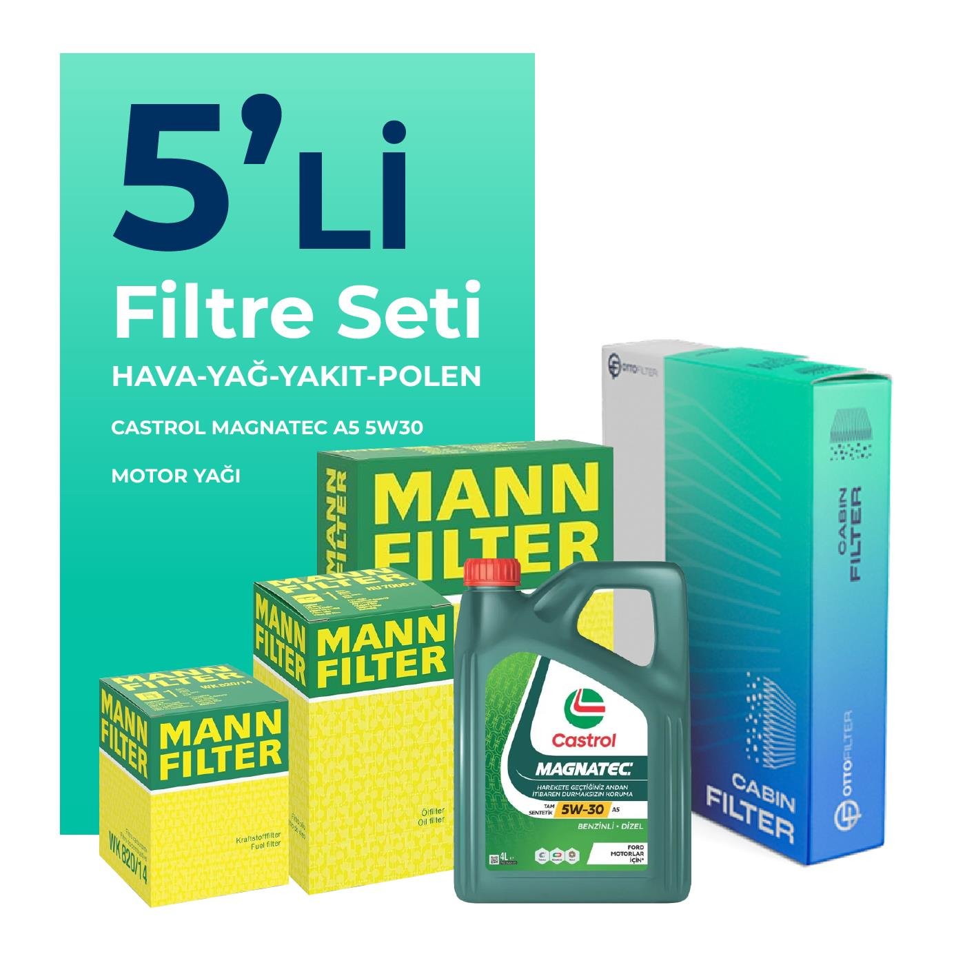 MANN Ford Fiesta 1.4 Dizel Filtre Bakım Seti Castrol Magnatec A5 5W-30 4 Litre Motor Yağlı  (2002-2008) 5 Li