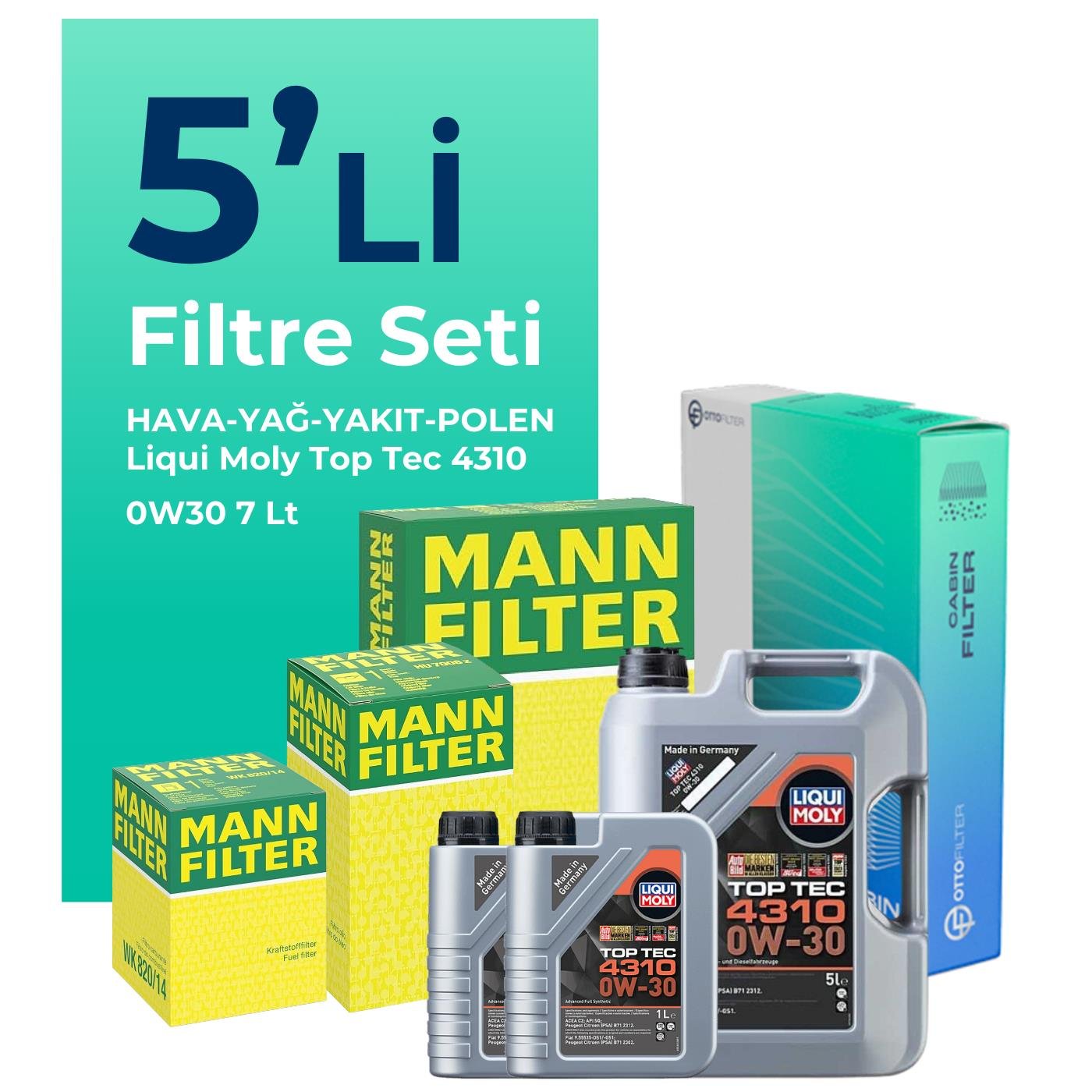 Mann Ford Ranger 2.0 EcoBlue Filtre Bakım Seti Liqui Moly Top Tec 4310 0W-30 7 Litre Motor Yağlı (2019-2022) 5 Li