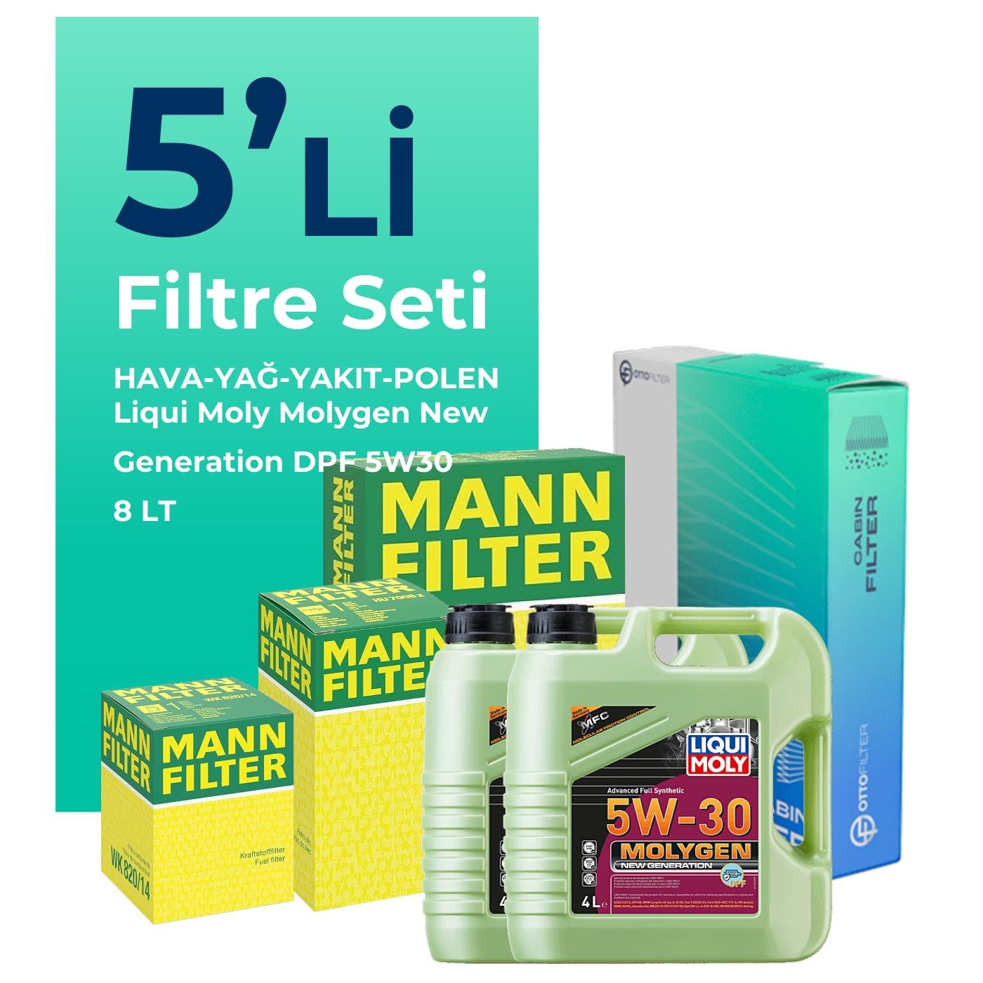 MANN Ford Transit V347 2.4 Dizel Filtre Bakım Seti Liqui Moly Molygen New Generation DPF 5W-30 8 Litre Motor Yağlı (2006-2013) 5 Li