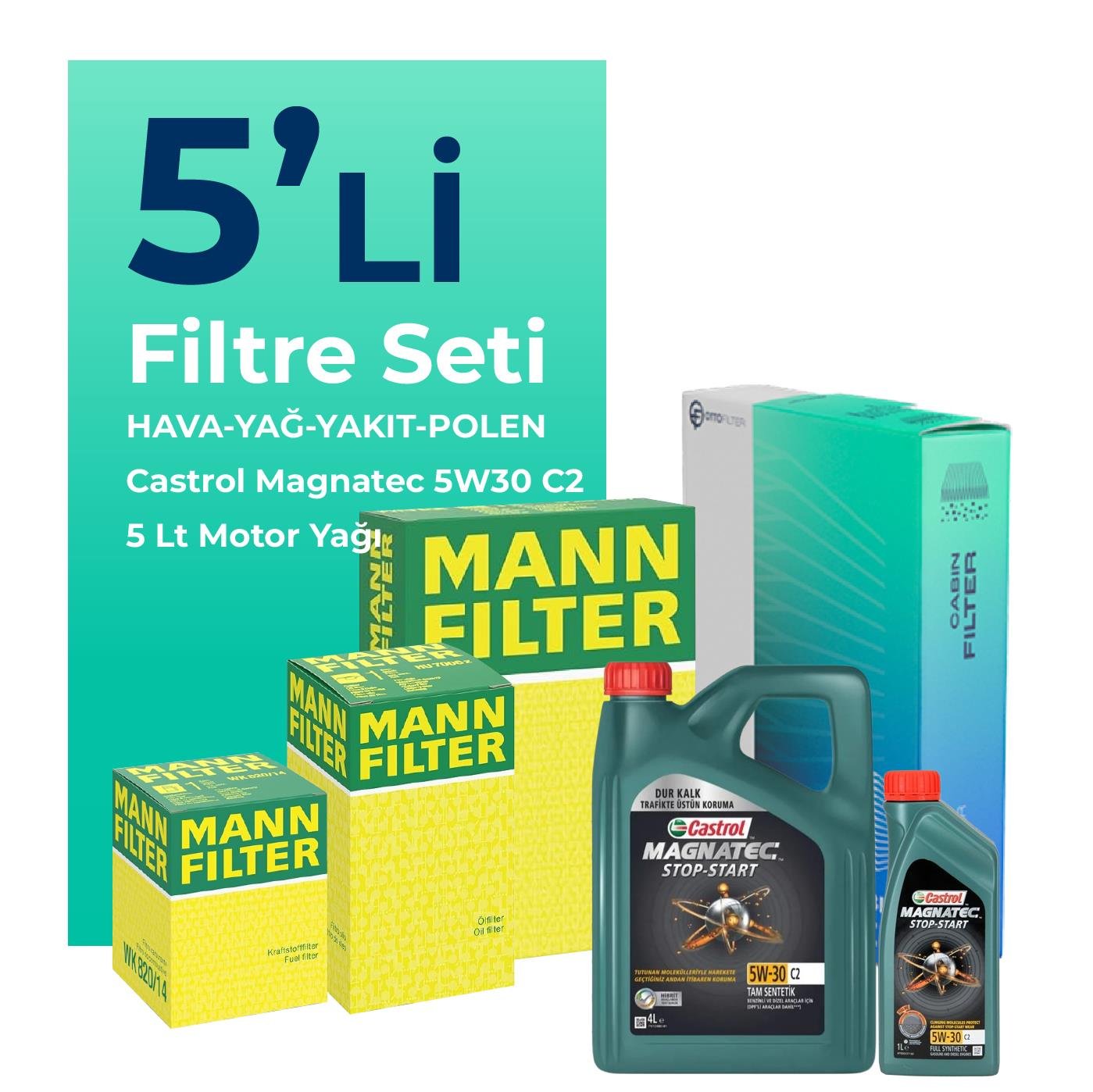 MANN Kia Cerato 1.5 Dizel Filtre Bakım Seti Castrol Magnatec C2 5W-30 5 Litre Motor Yağlı (2004-2006) 5 Li