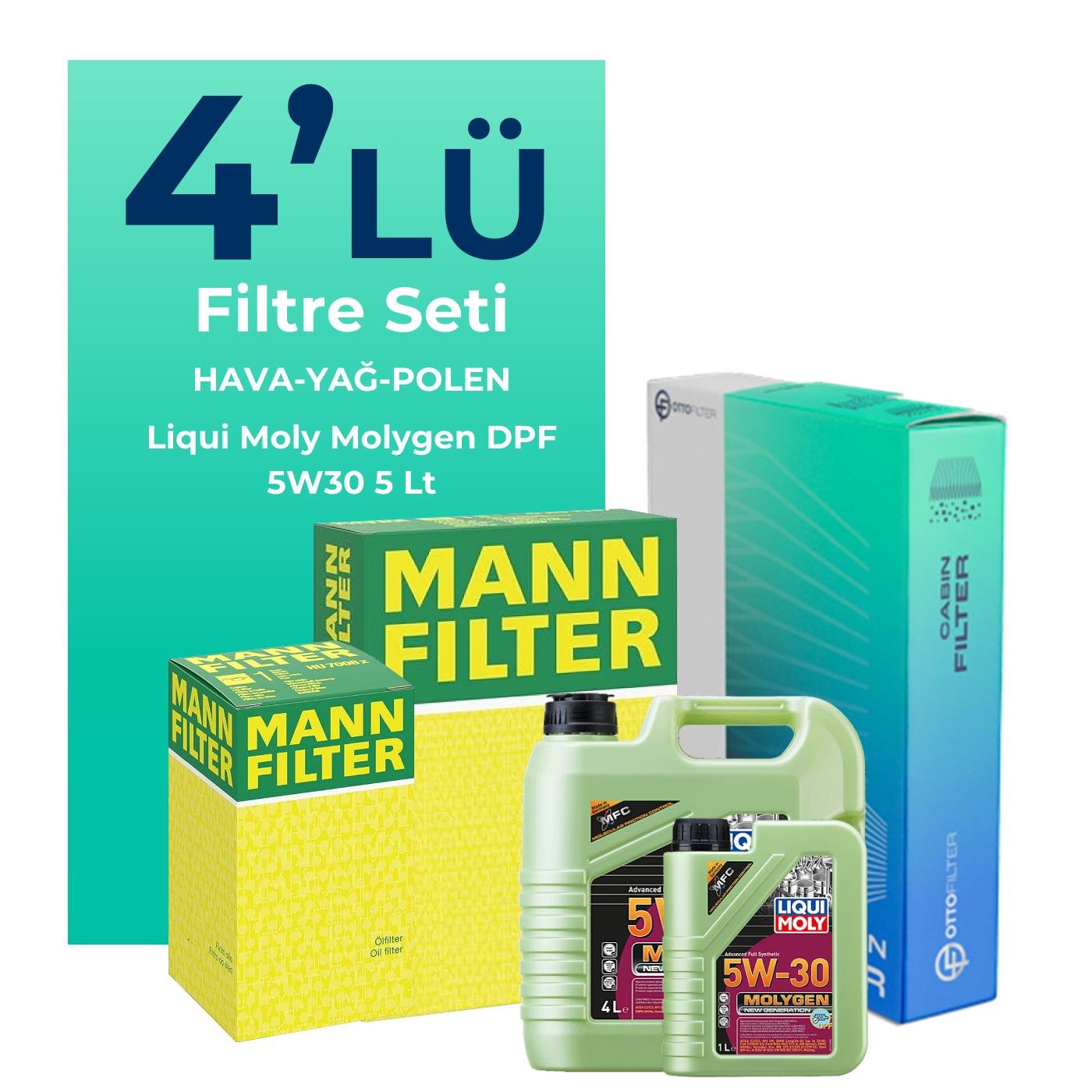 MANN Kia Cerato 1.5 Dizel Filtre Bakım Seti Liqui Moly Molygen New Generation DPF 5W-30 5 Litre Motor Yağlı (2004-2006) 4 Lü