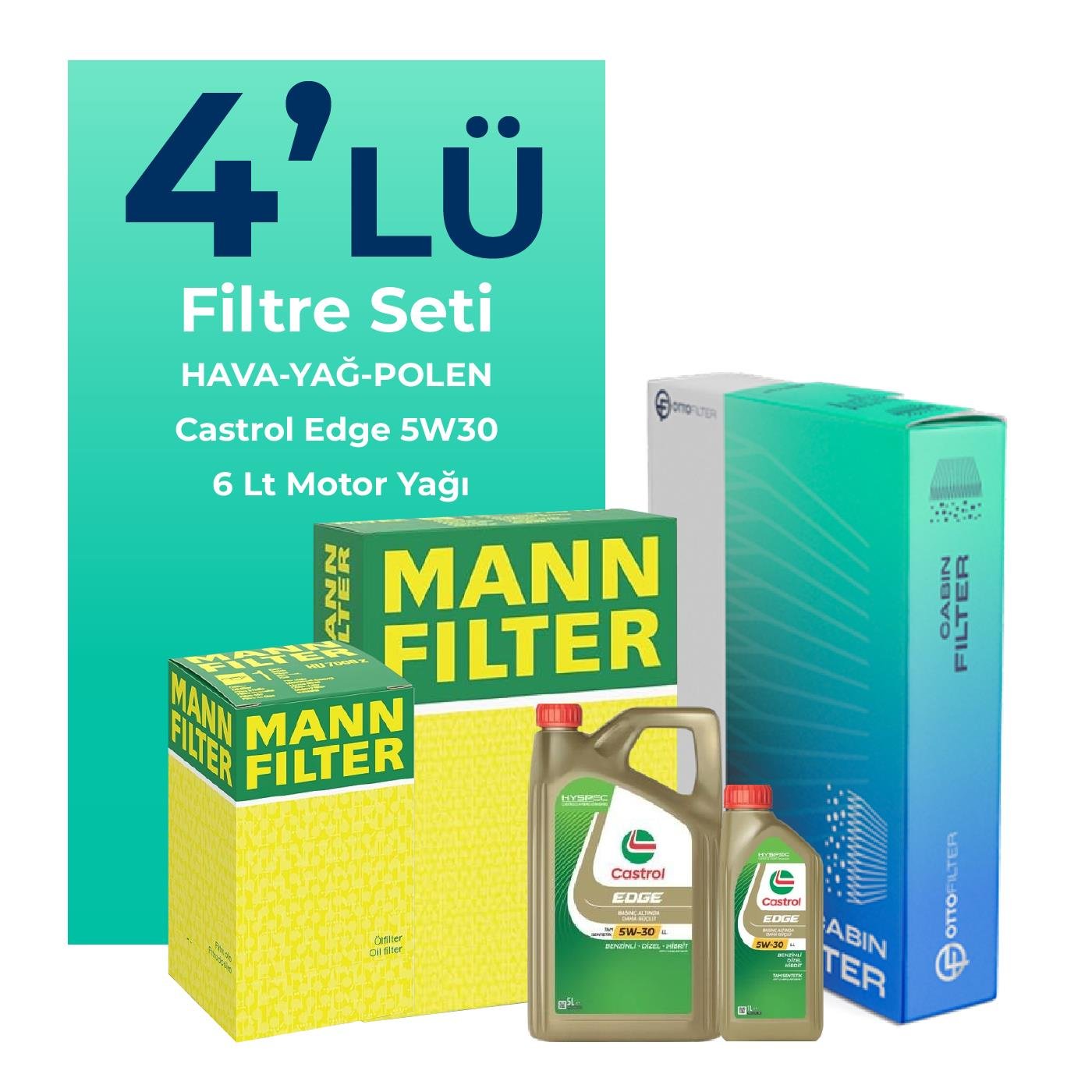 MANN Mercedes CLA180 Dizel Filtre Bakım Seti Castrol Edge 5W-30 6 Litre Motor Yağlı (2019-2022) 4 Lü