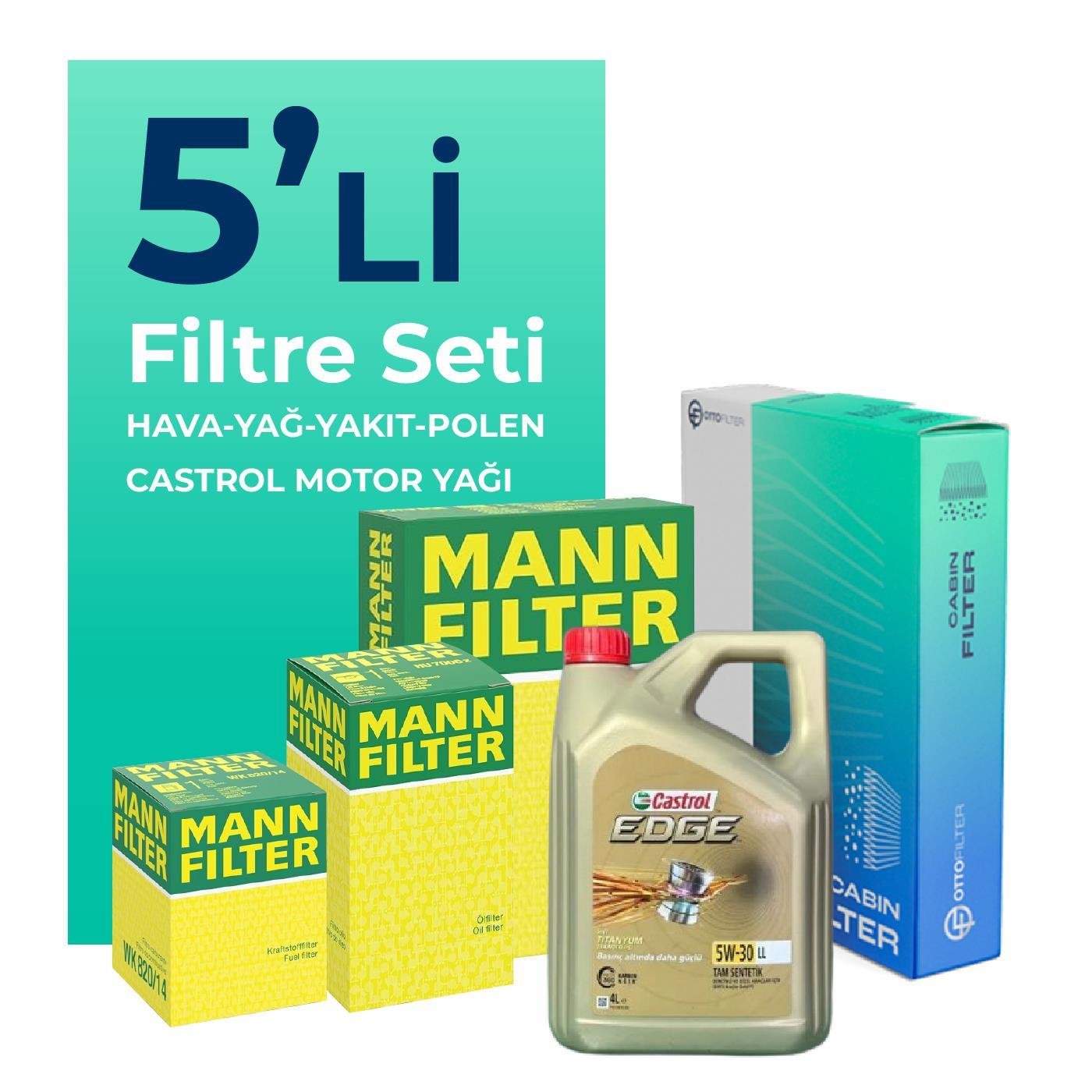 MANN Mercedes CLA180 Dizel Filtre Bakım Seti Castrol Edge 5W-30 6 Litre Motor Yağlı (2019-2022) 5 Li