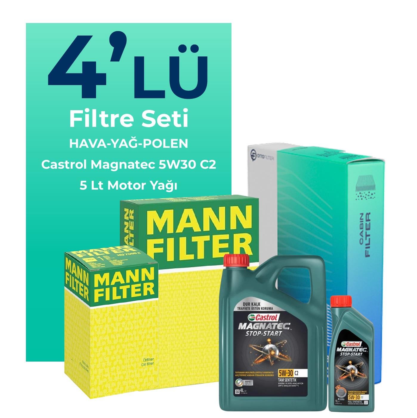 MANN Mini Cooper Clubman 1.6 Filtre Bakım Seti Castrol Magnatec C2 5W-30 5 Litre Motor Yağlı (2008-2016) 4 Lü