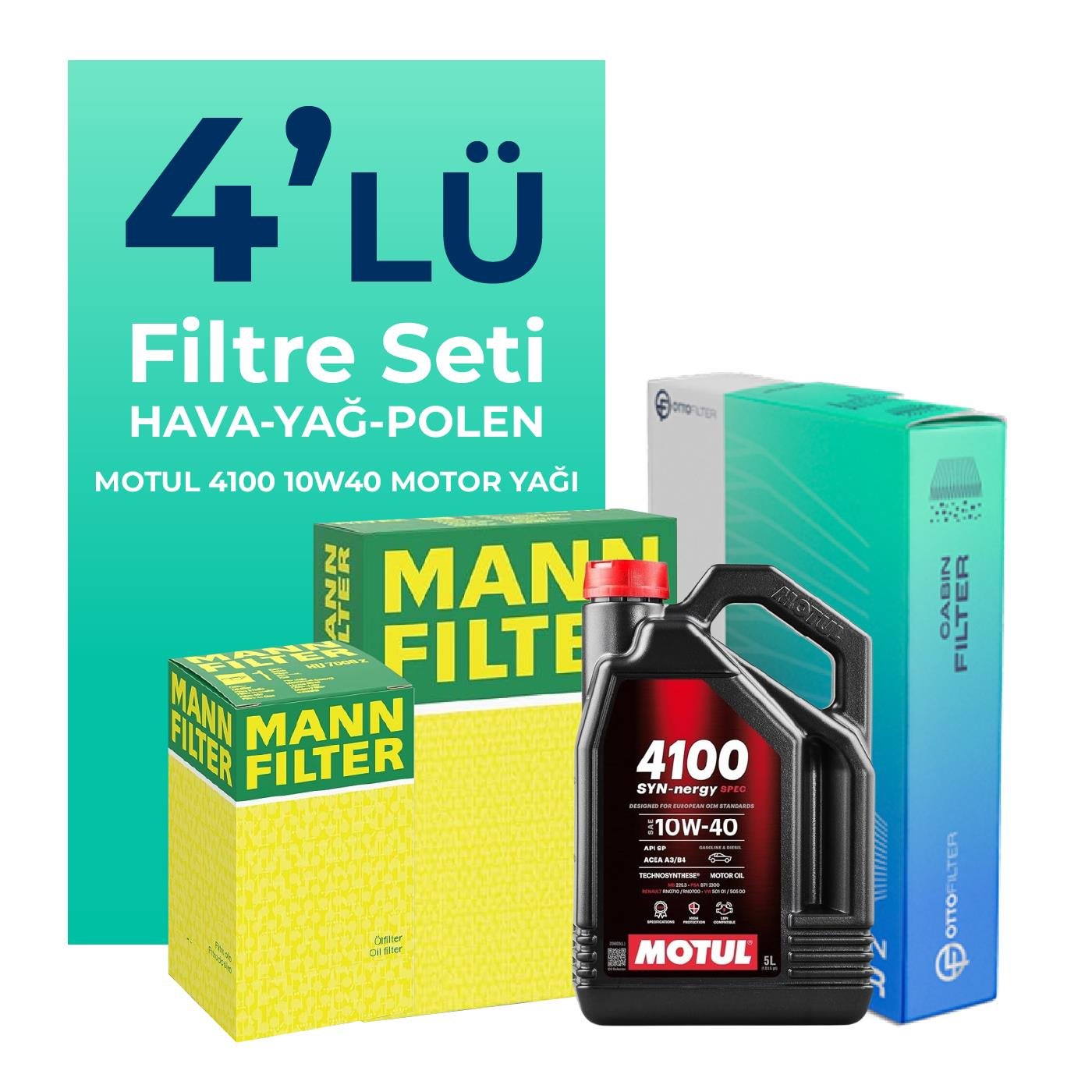 MANN Nissan Primera 1.6 Filtre Bakım Seti Motul 4100 10W-40 4 Litre Motor Yağlı (2002-2007) 4 Lü