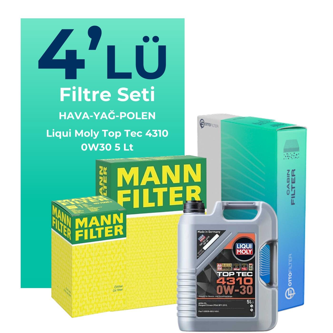 MANN Peugeot 3008 1.6 Benzin Puretech Filtre Bakım Seti Liqui Moly Top Tec 4310 0W-30 5 Litre Motor Yağlı (2019-2024) 4 Lü