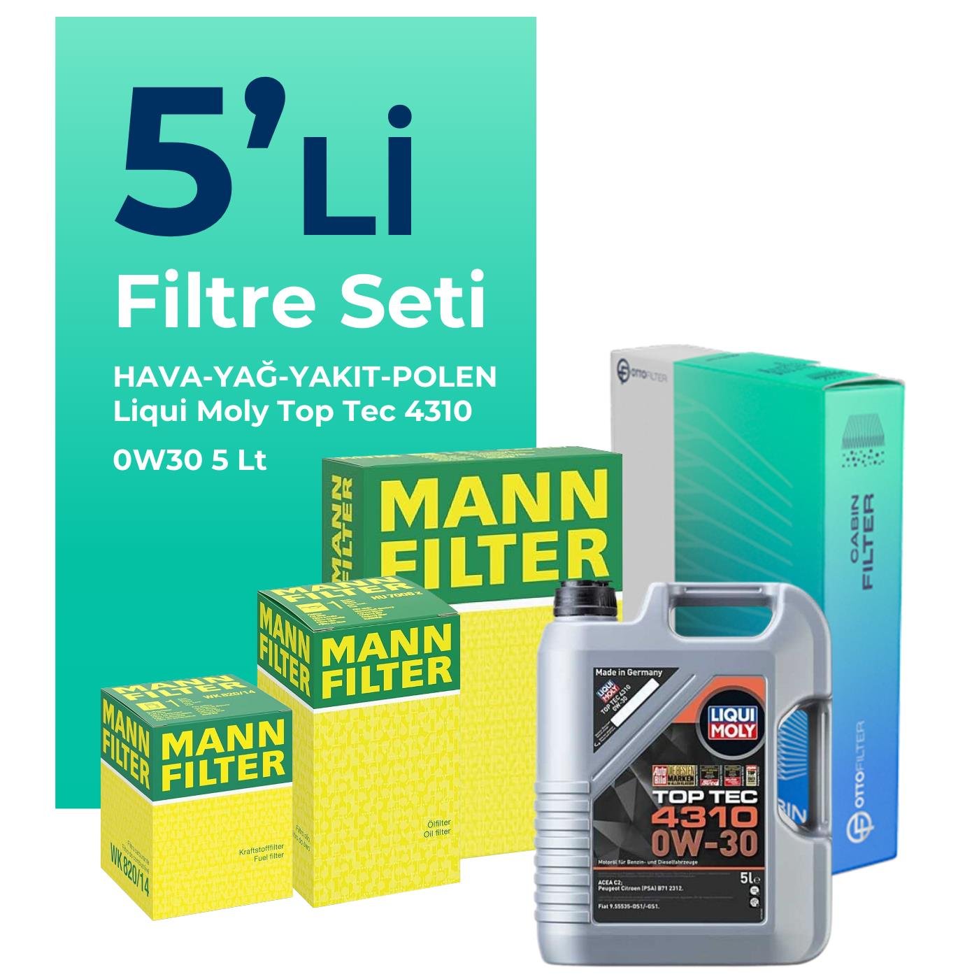 MANN Peugeot 3008 1.6 BlueHDi Dizel Filtre Bakım Seti Liqui Moly Top Tec 4310 0W-30 5 Litre Motor Yağlı (2016-2019) 5 Li