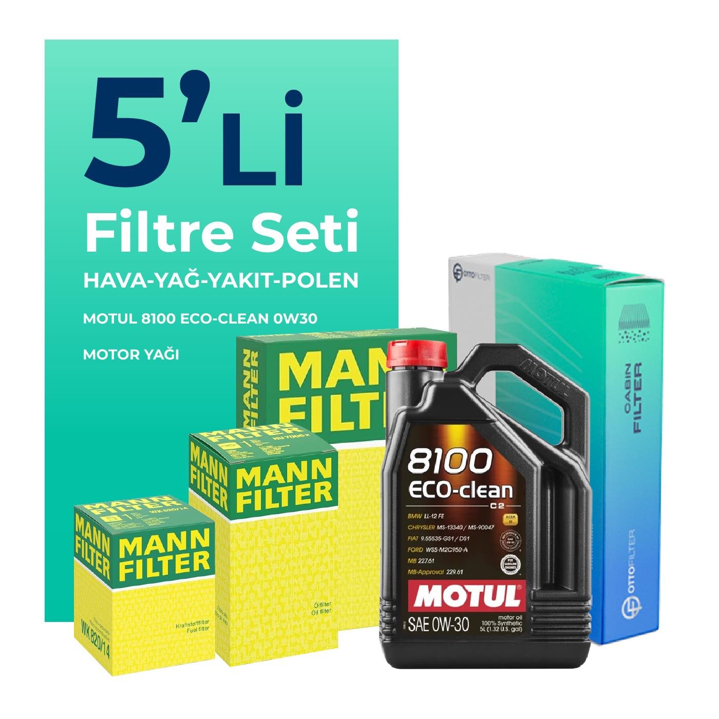 MANN Peugeot 3008 1.6 BlueHDi Dizel Filtre Bakım Seti Motul 8100 Eco-Clean 0W-30 5 Litre Motor Yağlı (2016-2019) 5 Li