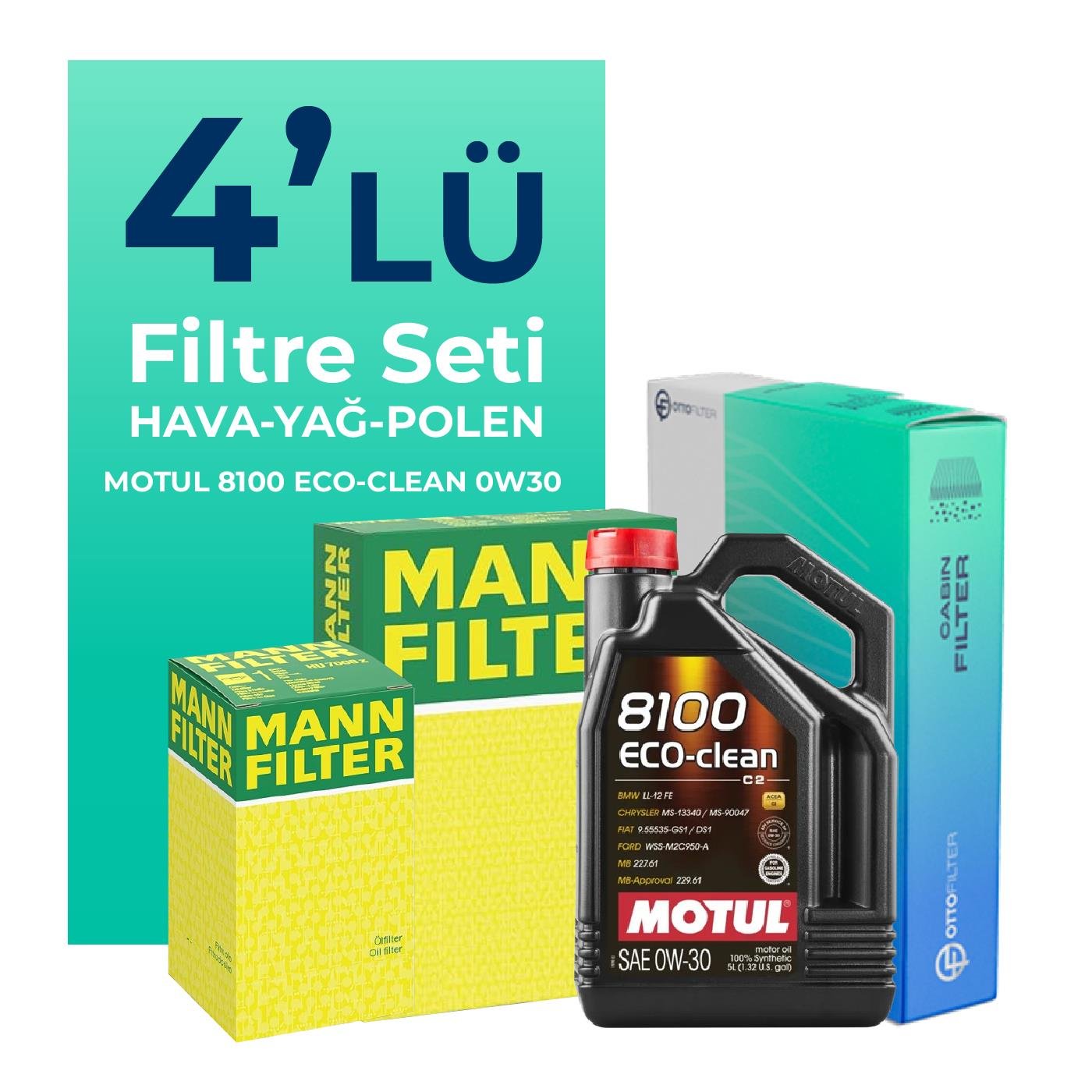 MANN Peugeot 301 1.2 Benzin Vti Filtre Bakım Seti Motul 8100 Eco-Clean 0W-30 5 Litre Motor Yağlı (2012-2015) 4 Lü