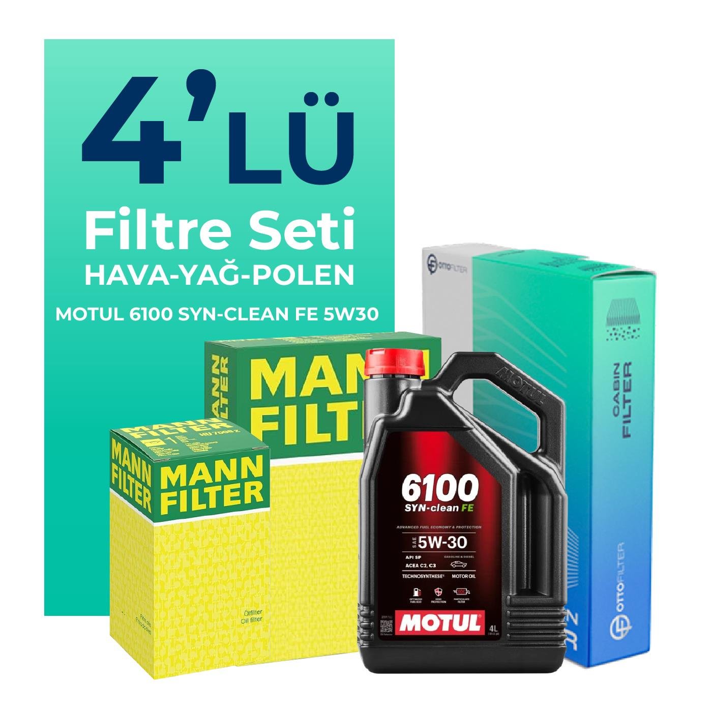 MANN Peugeot 301 1.6 Dizel Filtre Bakım Seti Motul 6100 Syn-Clean FE 5W-30 4 Litre Motor Yağlı (2012-2018) 4 Lü