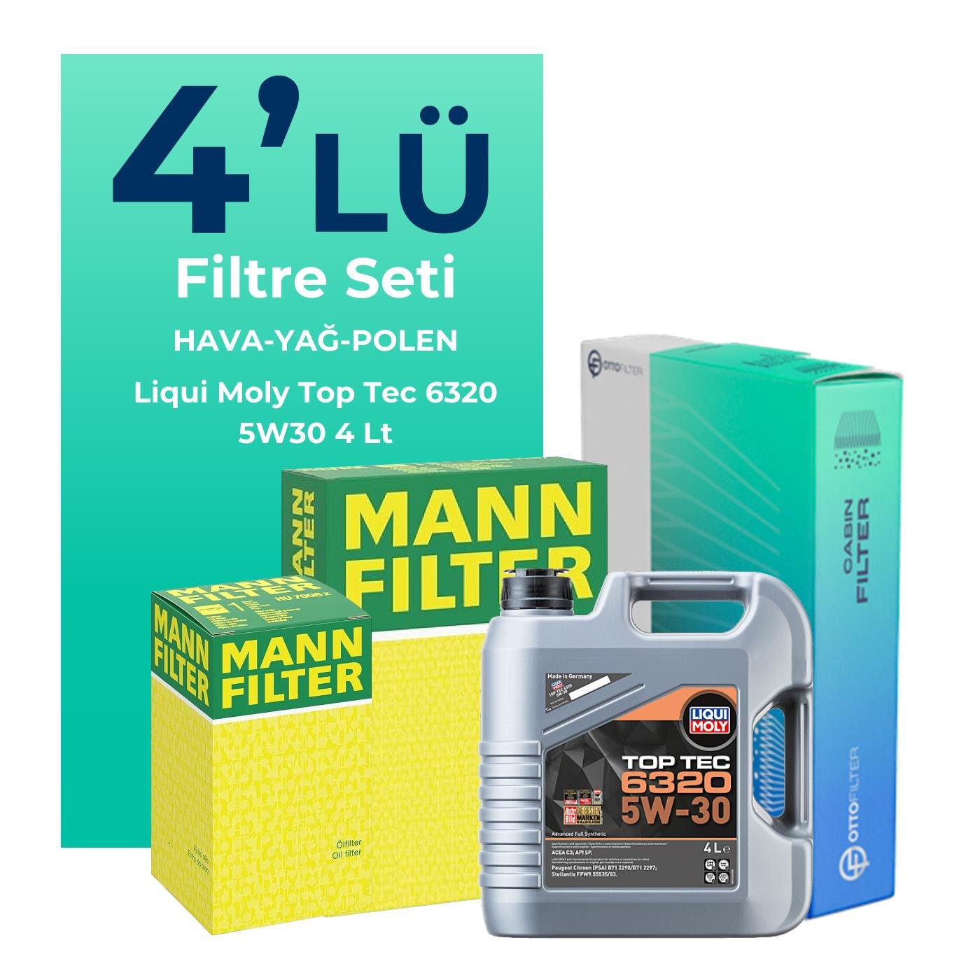 MANN Peugeot 508 1.5 Dizel Filtre Bakım Seti Liqui Moly Top Tec 6320 5W-30 4 Litre Motor Yağlı (2019-2024) 4 Lü
