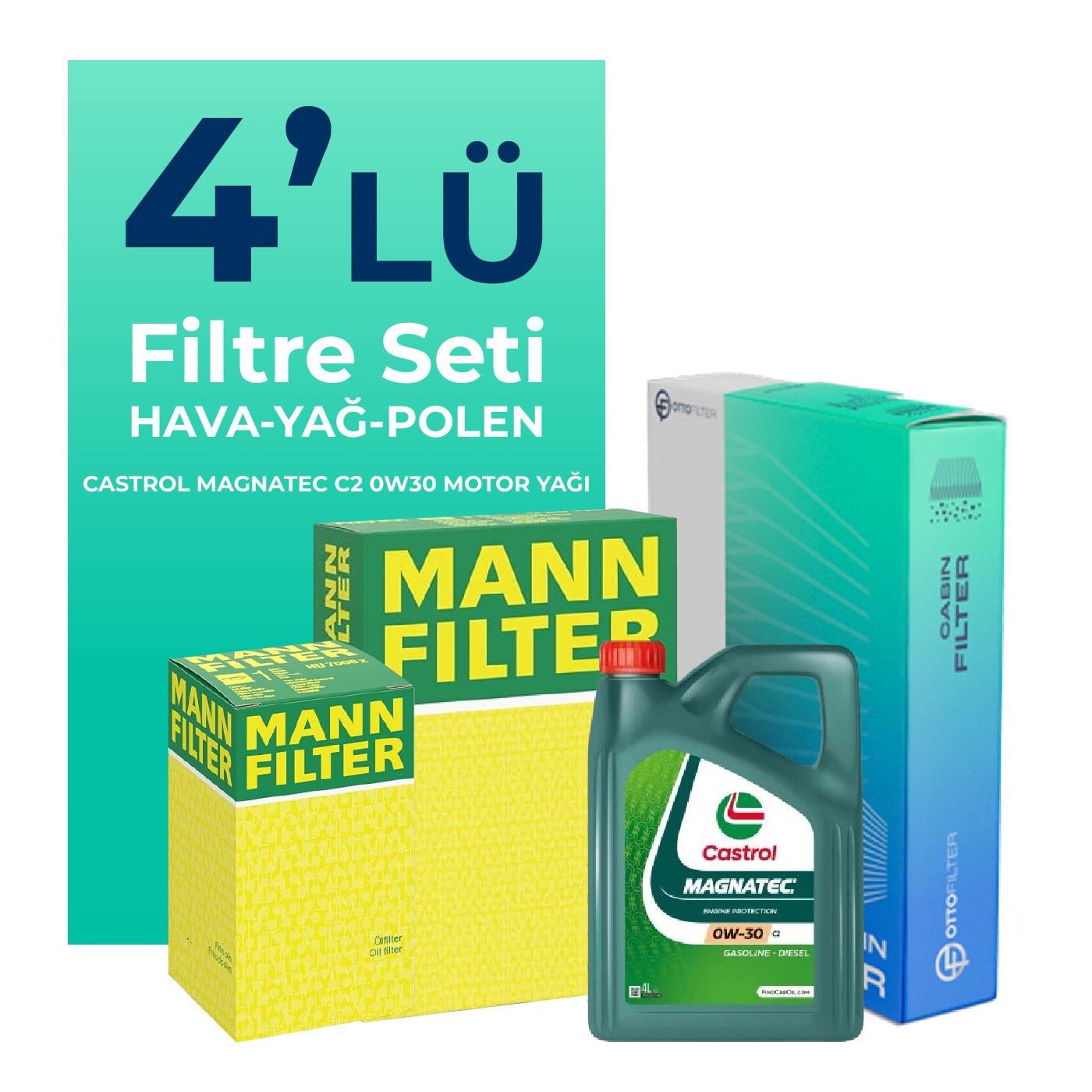 MANN Peugeot Expert 2.0 Dizel Filtre Bakım Seti Castrol Magnatec 0W-30 C2 8 Litre Motor Yağlı (2017-2024) 4 Lü